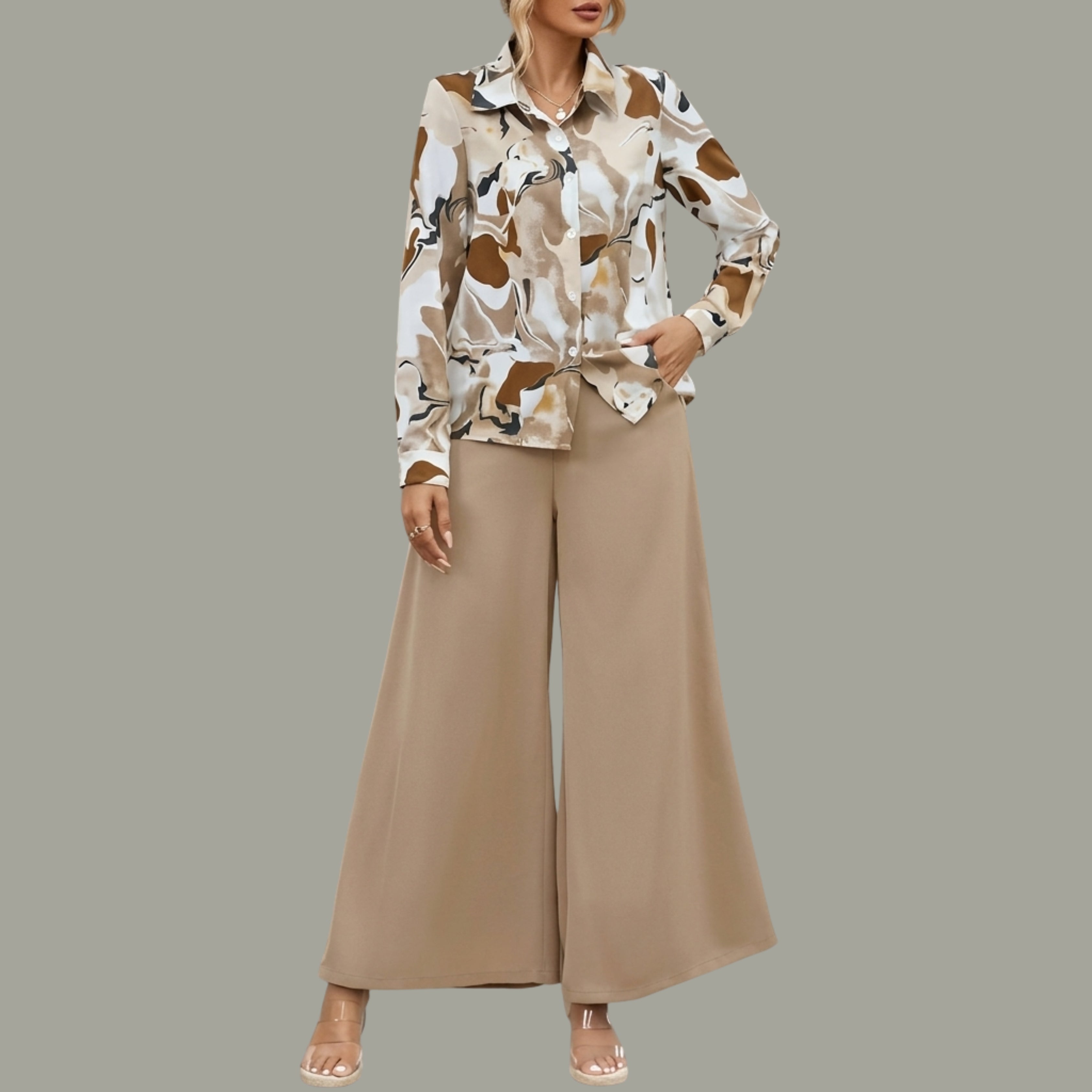 Women's Beige Printed Shirt & High-Waist Wide Leg Pants Co-Ord Set | Elegant Casual Two-Piece Outfit
