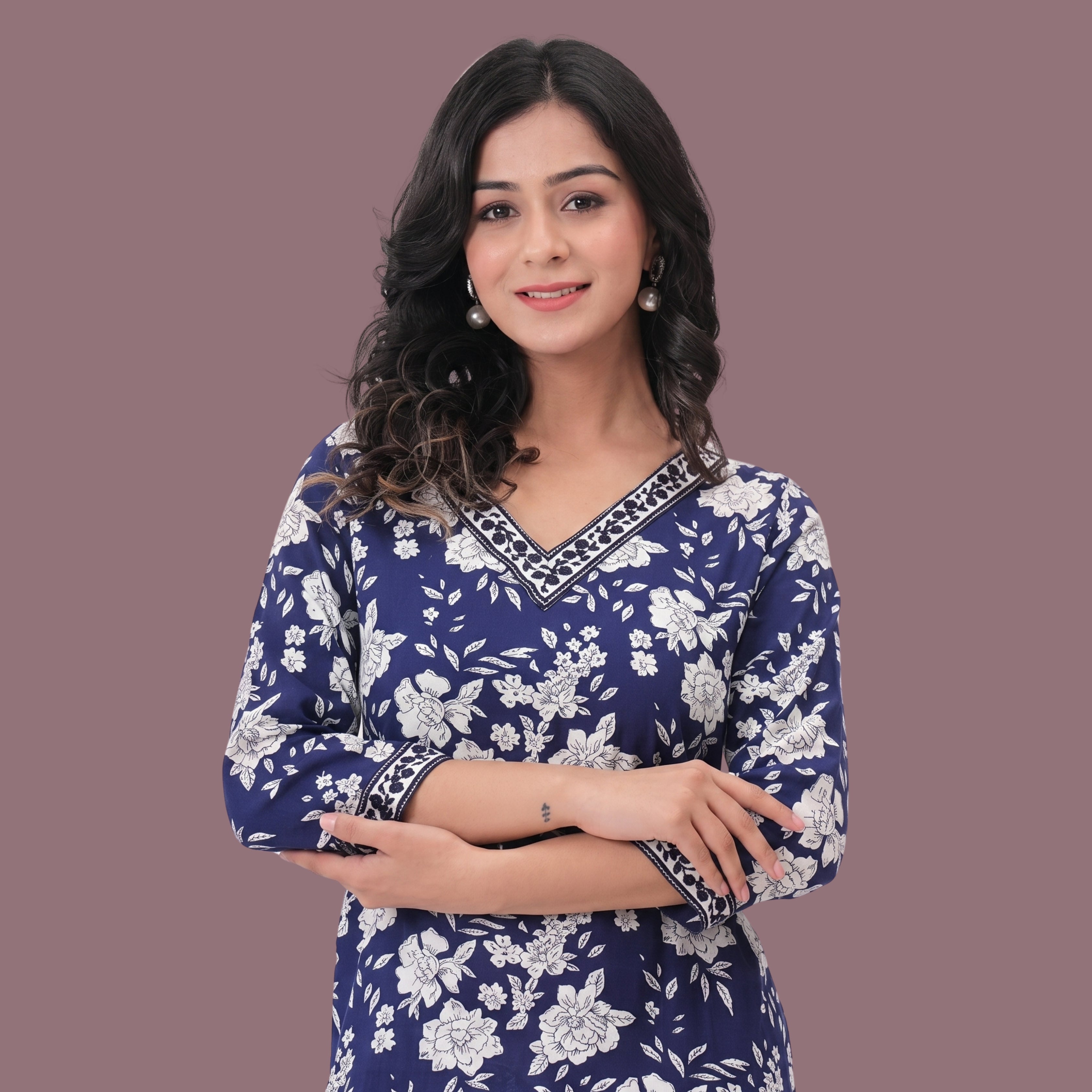 Women's Blue Floral Printed Short Kurti | Straight Fit V-Neck Ethnic Tunic with 3/4 Sleeves | Casual & Office Wear