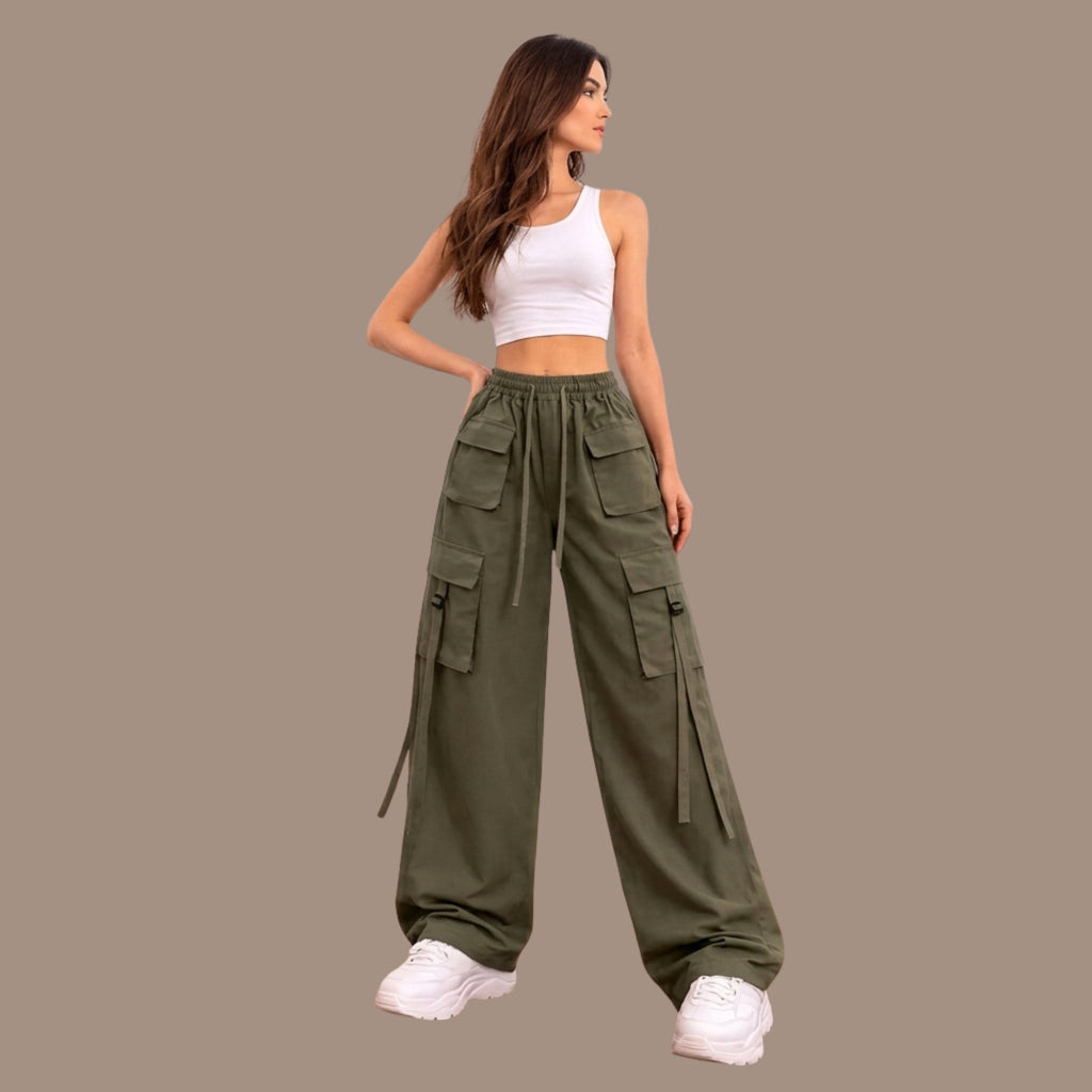 Korean Cargo Pant Combo for Women (Pack of 2) | Wide Leg Drawstring Utility Pants | Olive & Beige |