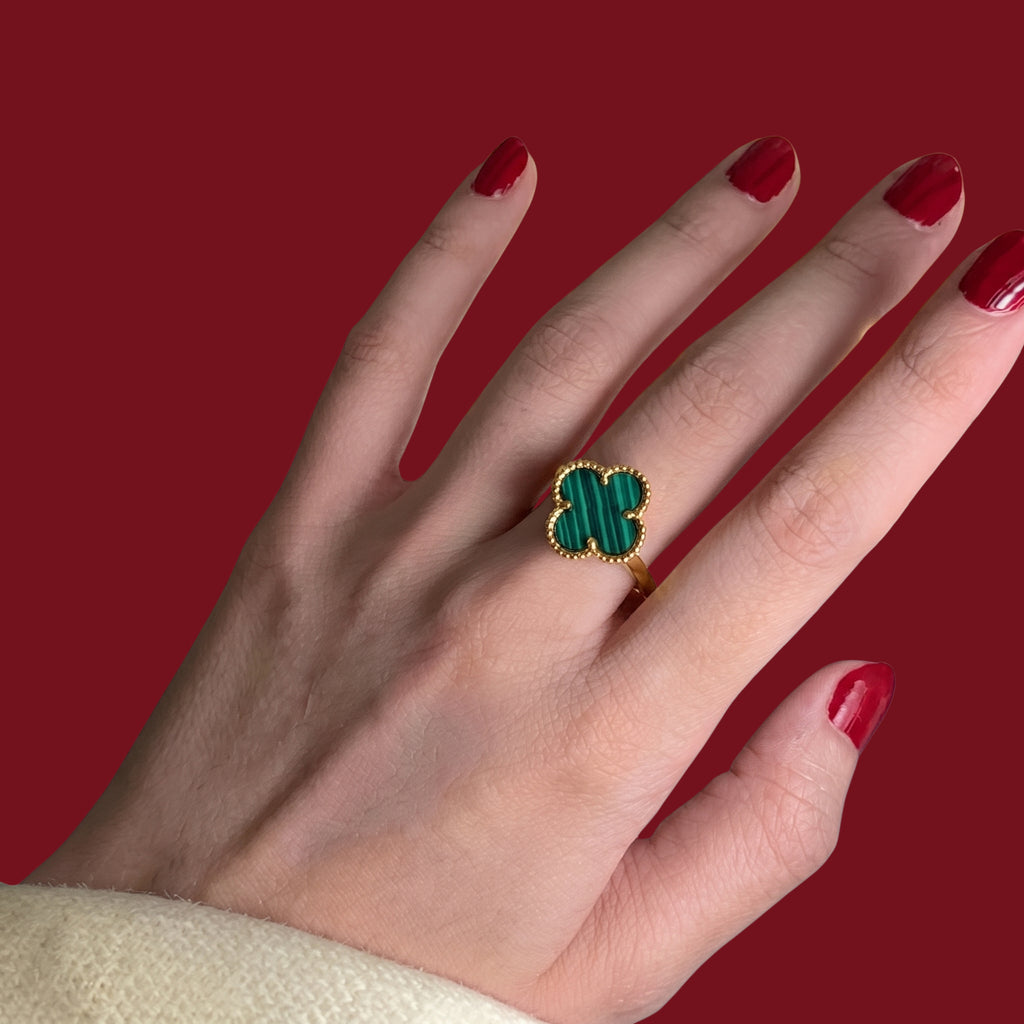 Adjustable Green Clover Ring for Women | Anti-Tarnish Gold-Tone Statement Ring