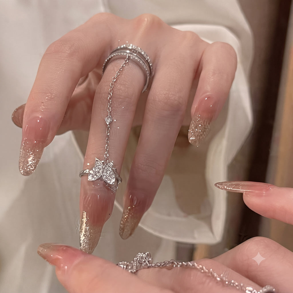 Butterfly Chain Adjustable Ring for Women | Anti-Tarnish Silver Crystal Ring