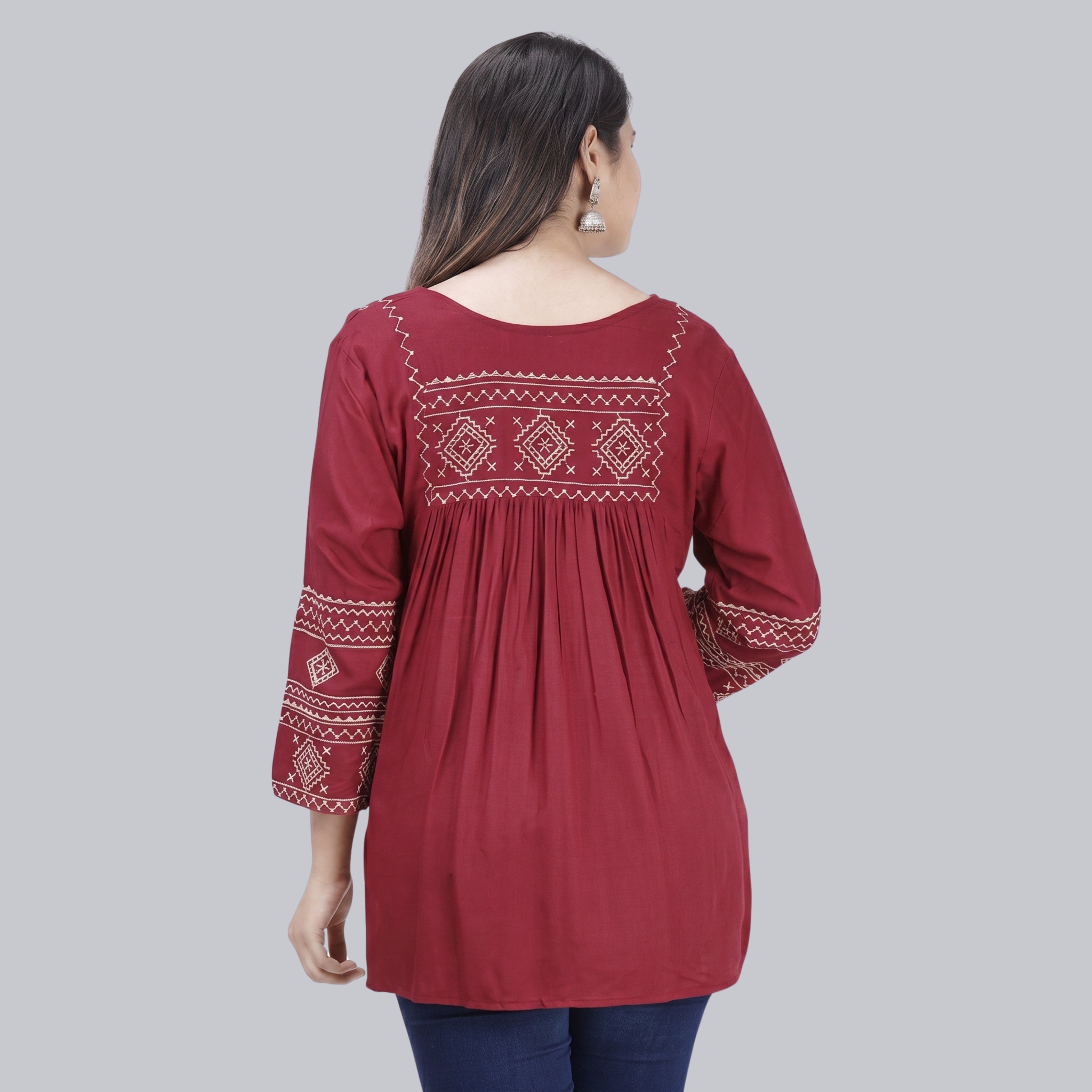 Women's Maroon Embroidered Short Kurti | Casual & Office Wear