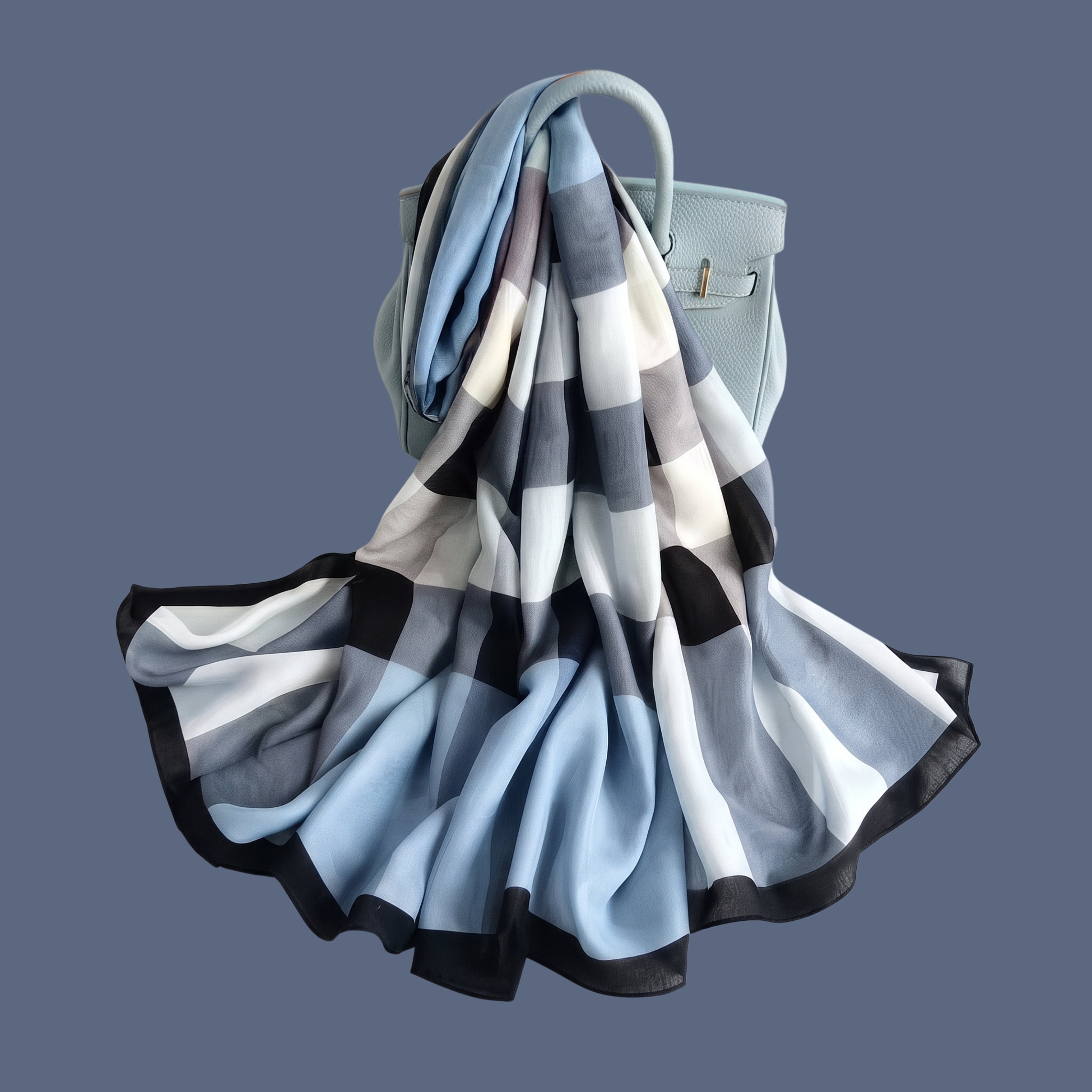 Elegant Sky Blue Checkered Soft Scarf for Women | Lightweight Plaid Shawl, Wrap & Stole