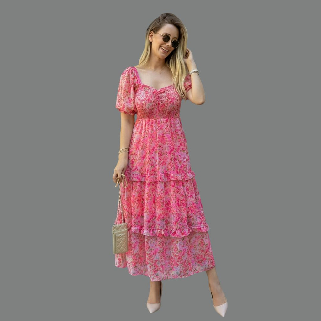 Pink Floral Smocked Tiered Midi Dress for Women | Puff Sleeve Summer Party Dress
