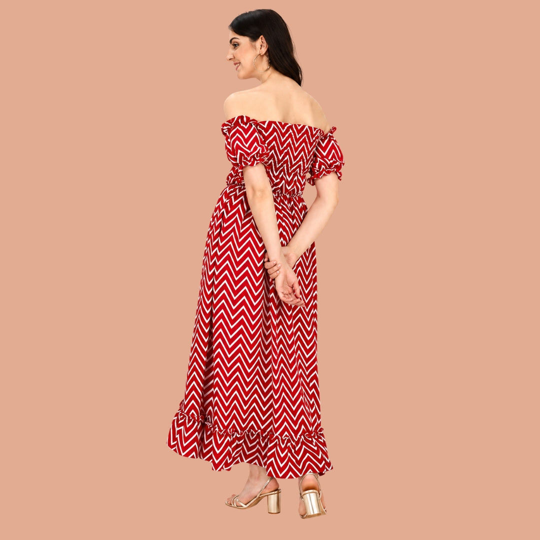 Red Chevron Print Off-Shoulder High-Low Maxi Dress