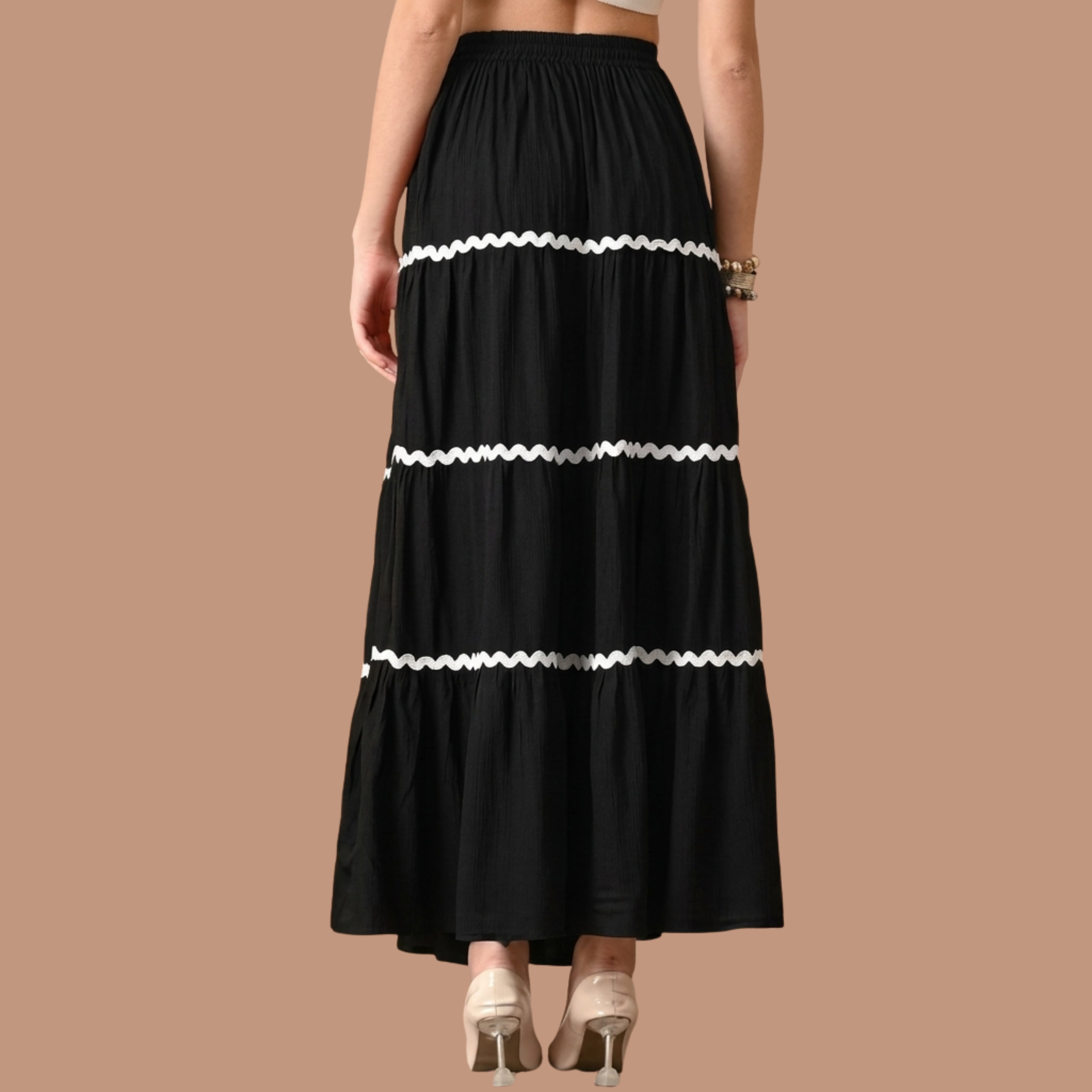 Korean Style Black Tiered Maxi Skirt for Women | High Waist Flowy Long Skirt with White Lace Trim