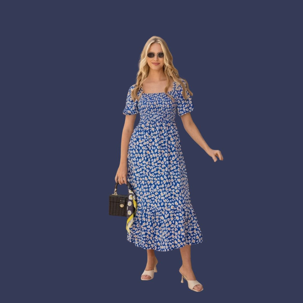 Blue Floral Smocked Midi Dress for Women
