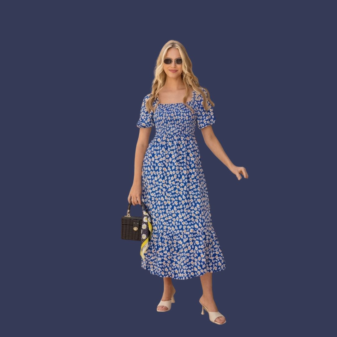 Blue Floral Smocked Midi Dress for Women