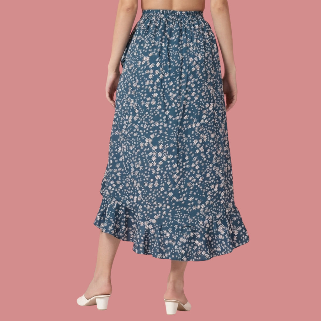 Korean Style Blue Floral High-Low Wrap Midi Skirt for Women | Ruffle Hem Skirt