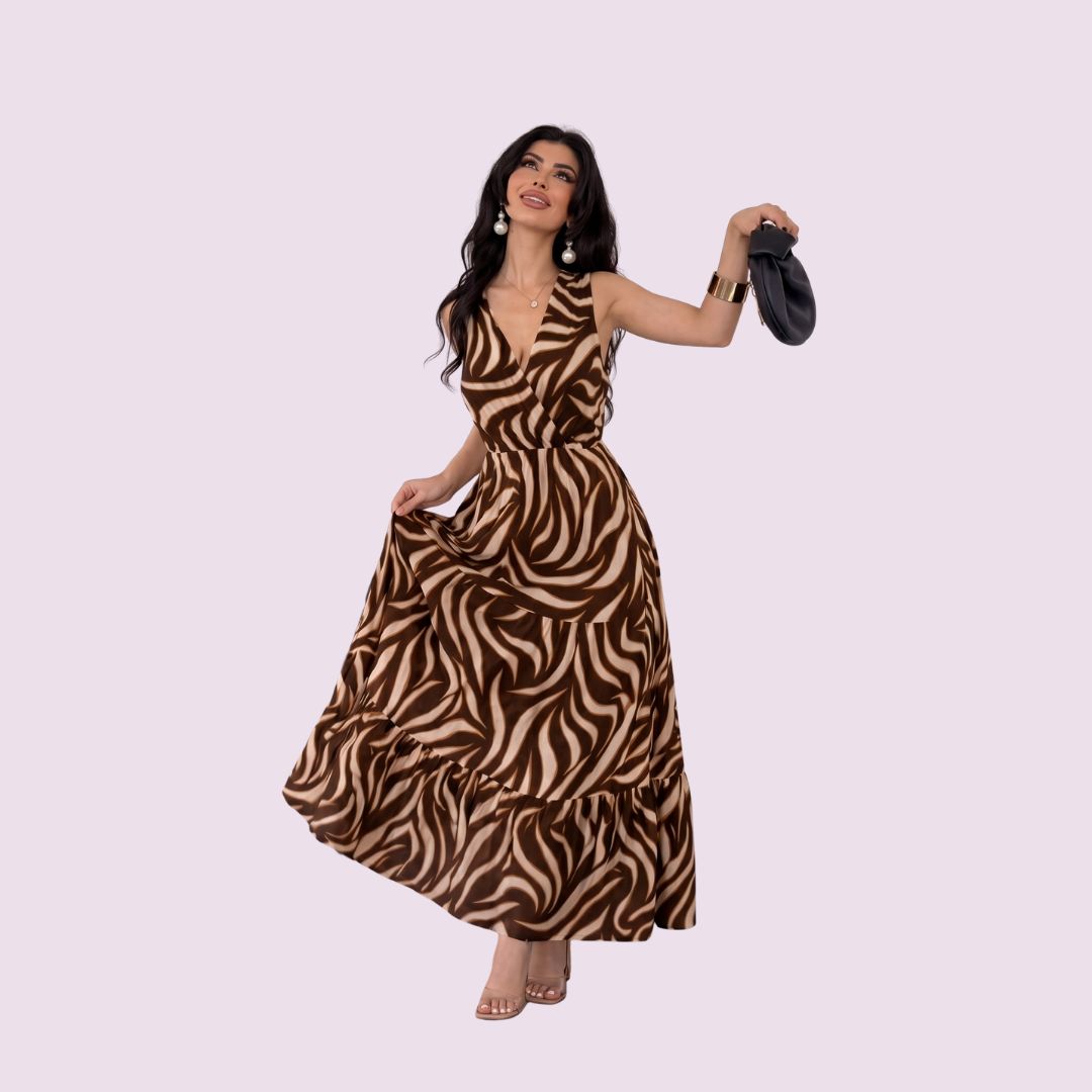 Brown Abstract Print Tiered Maxi Dress