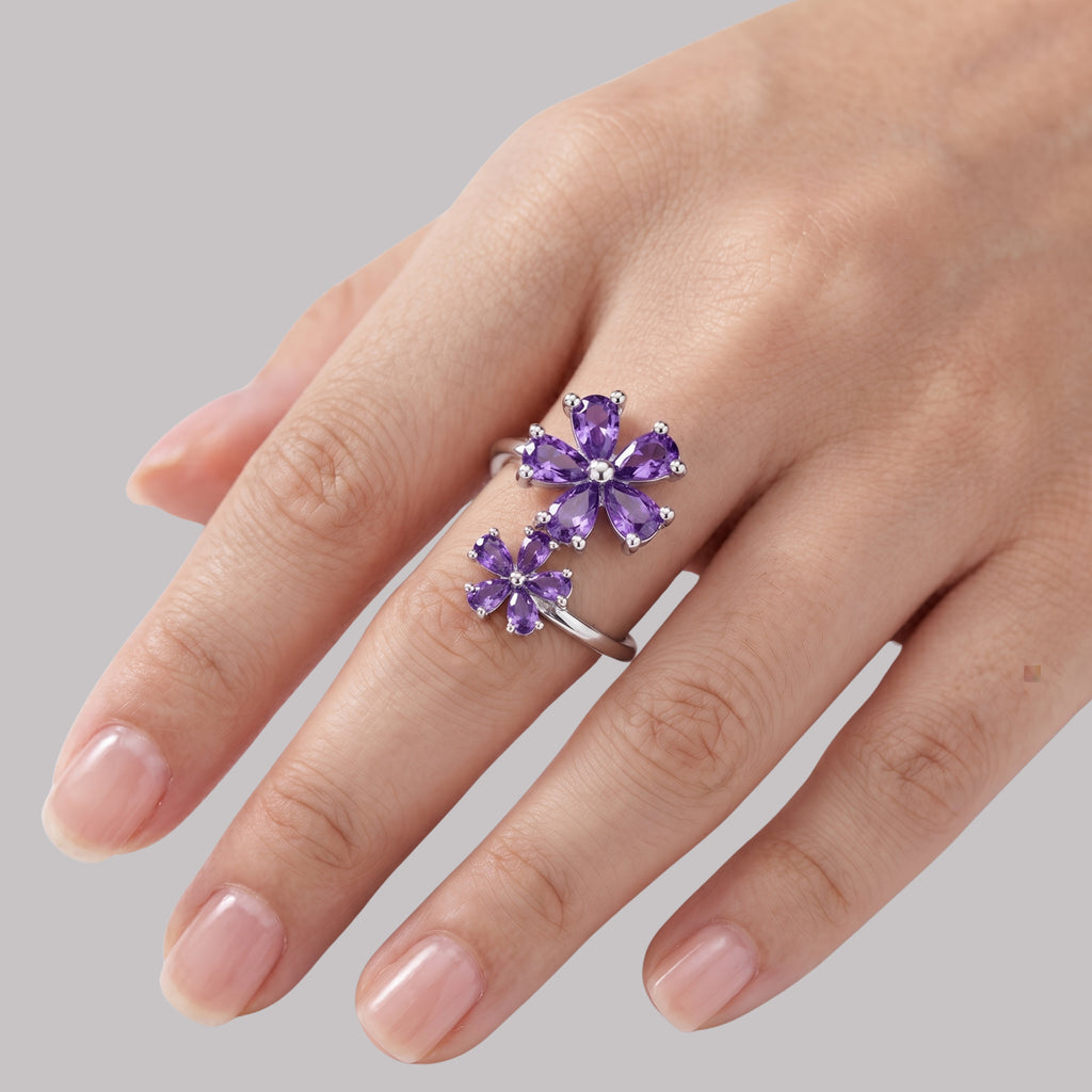 Purple Flower Ring for Women | Double Floral Statement Ring | Anti-Tarnish and Adjustable