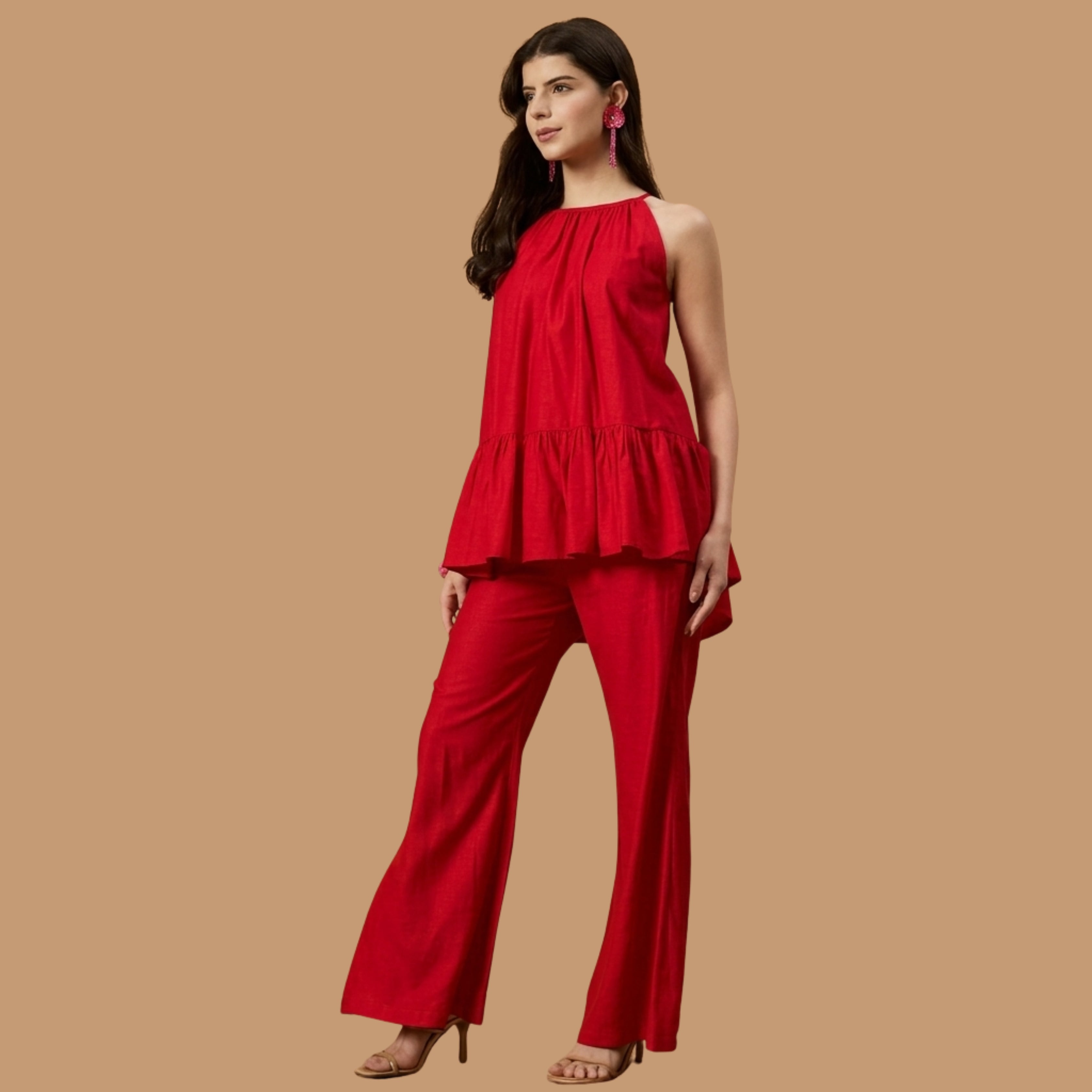 Women's Red Halter Neck Peplum Co-Ord Set with Wide Leg Pants