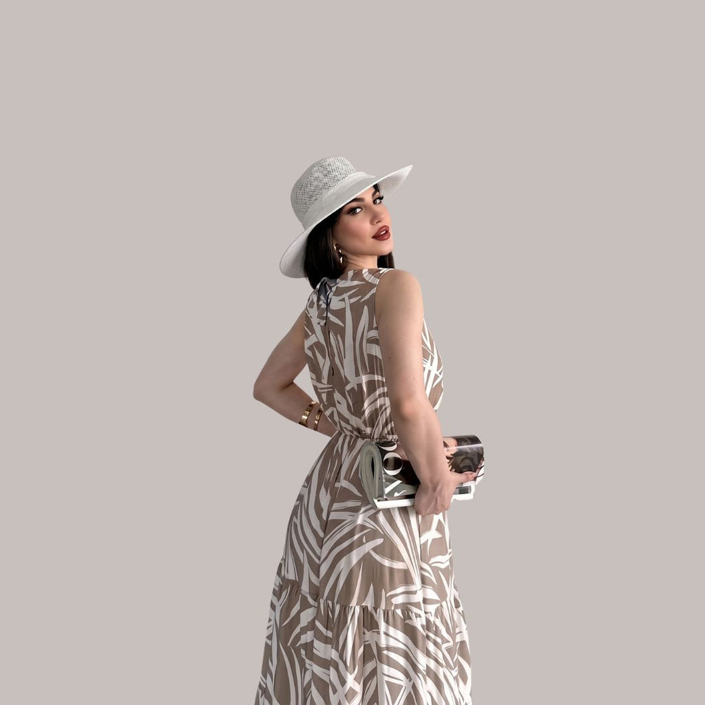 Women's Beige Tropical Leaf Print Sleeveless Maxi Dress