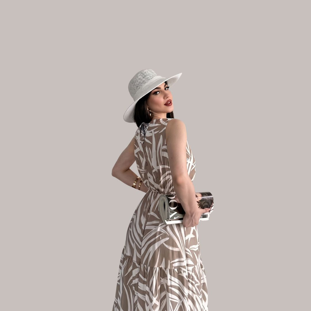 Women's Beige Tropical Leaf Print Sleeveless Maxi Dress