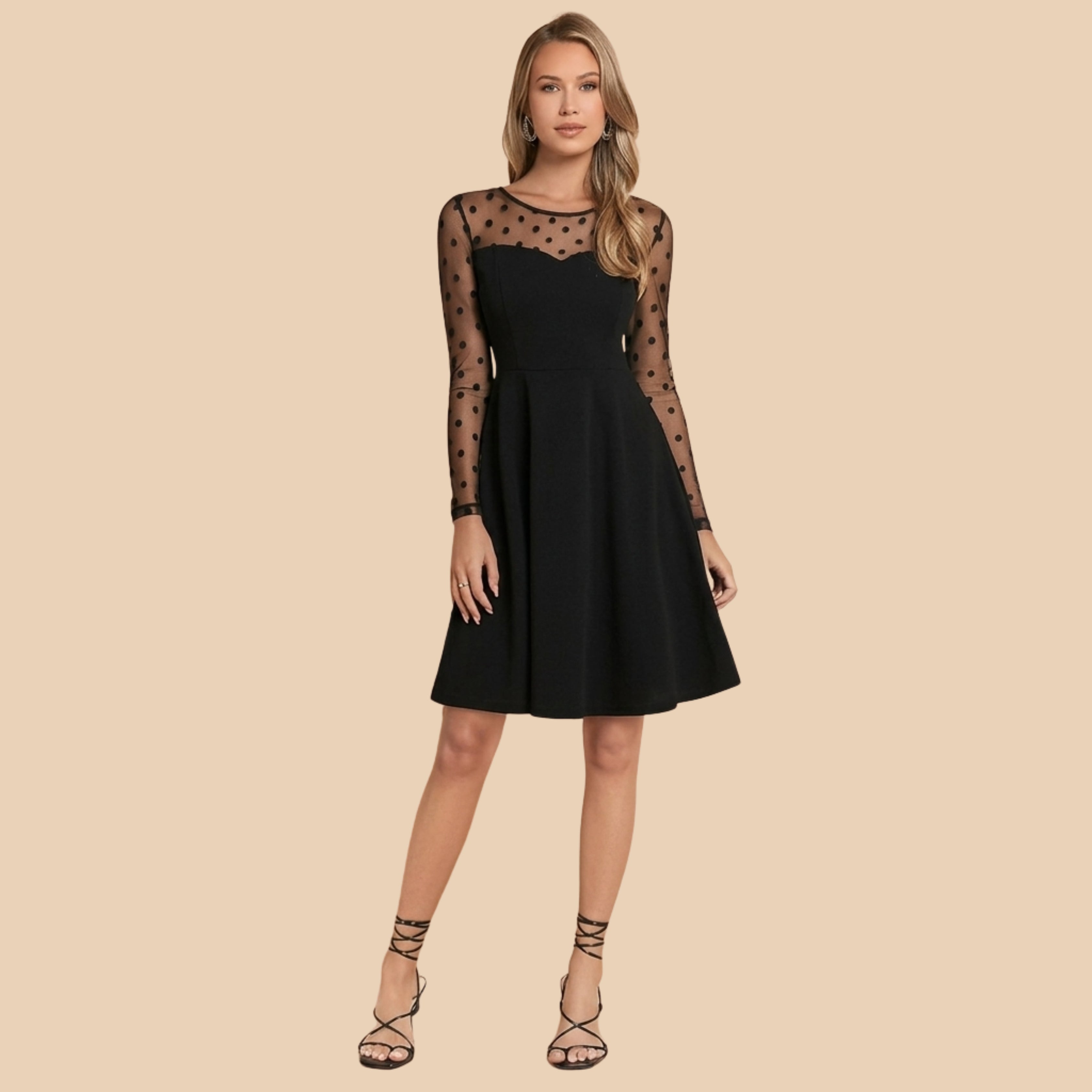 Women’s Black Polka Dot Mesh Sleeve Fit & Flare Cocktail Dress | Elegant Party Dress