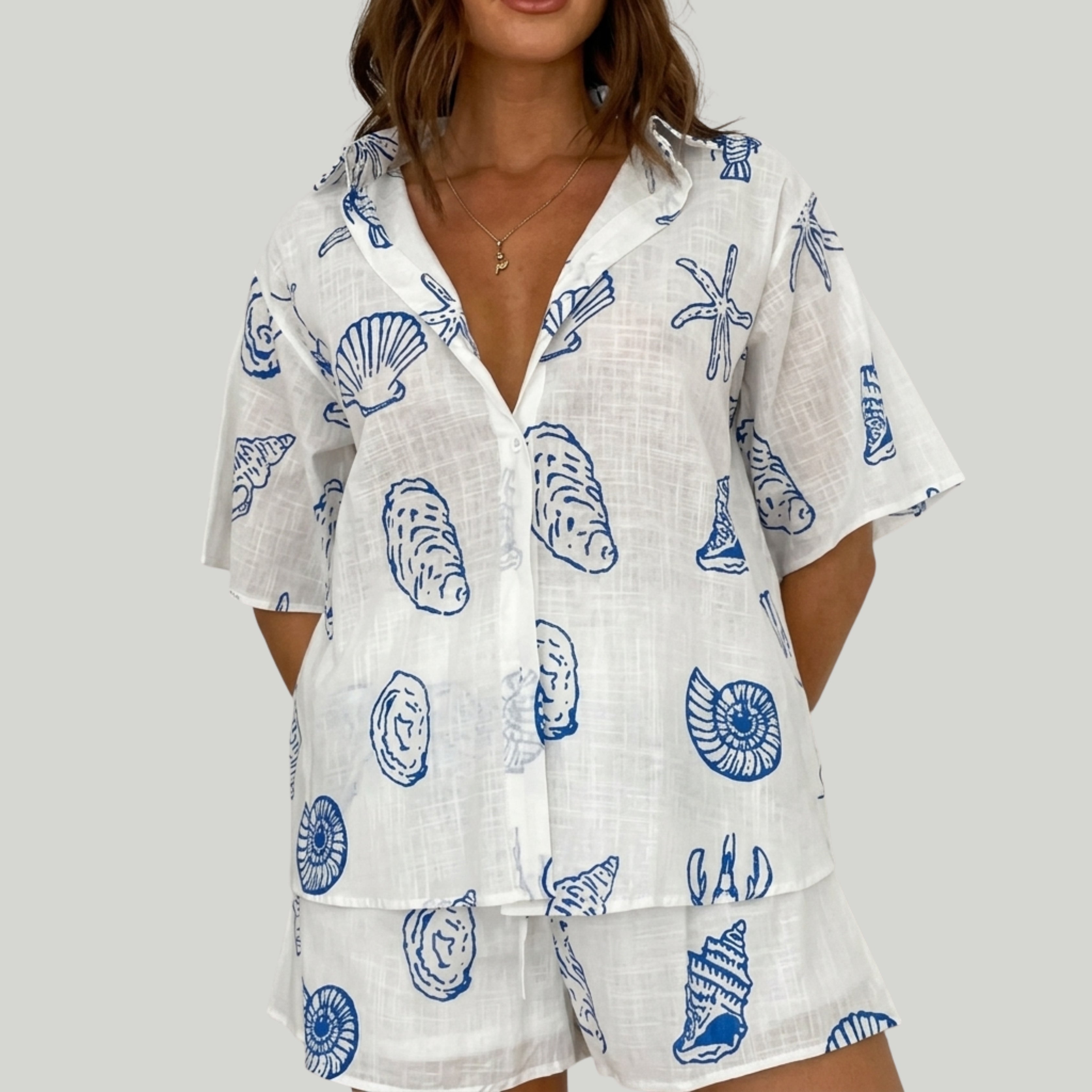 Blue Seashell Print Cotton Co-Ord Set for Women | Oversized Shirt & Shorts Summer Outfit