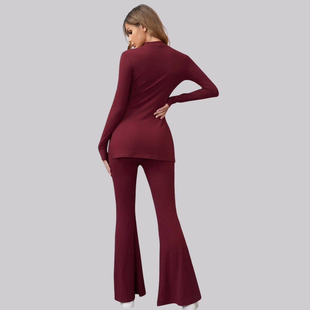Women's Long Sleeve Co-Ord Set | Mock Neck Top & Flared Pants