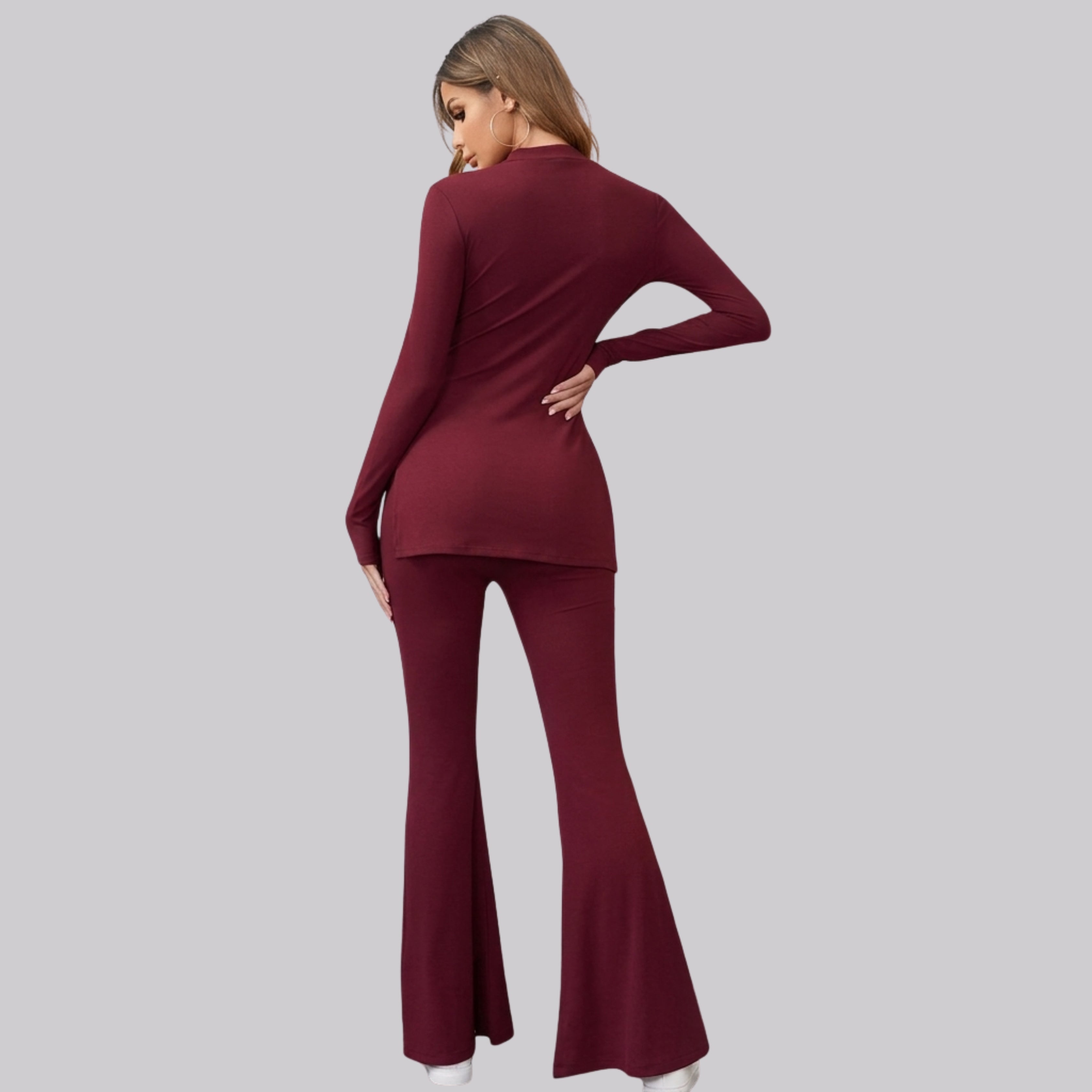 Women's Long Sleeve Co-Ord Set | Mock Neck Top & Flared Pants