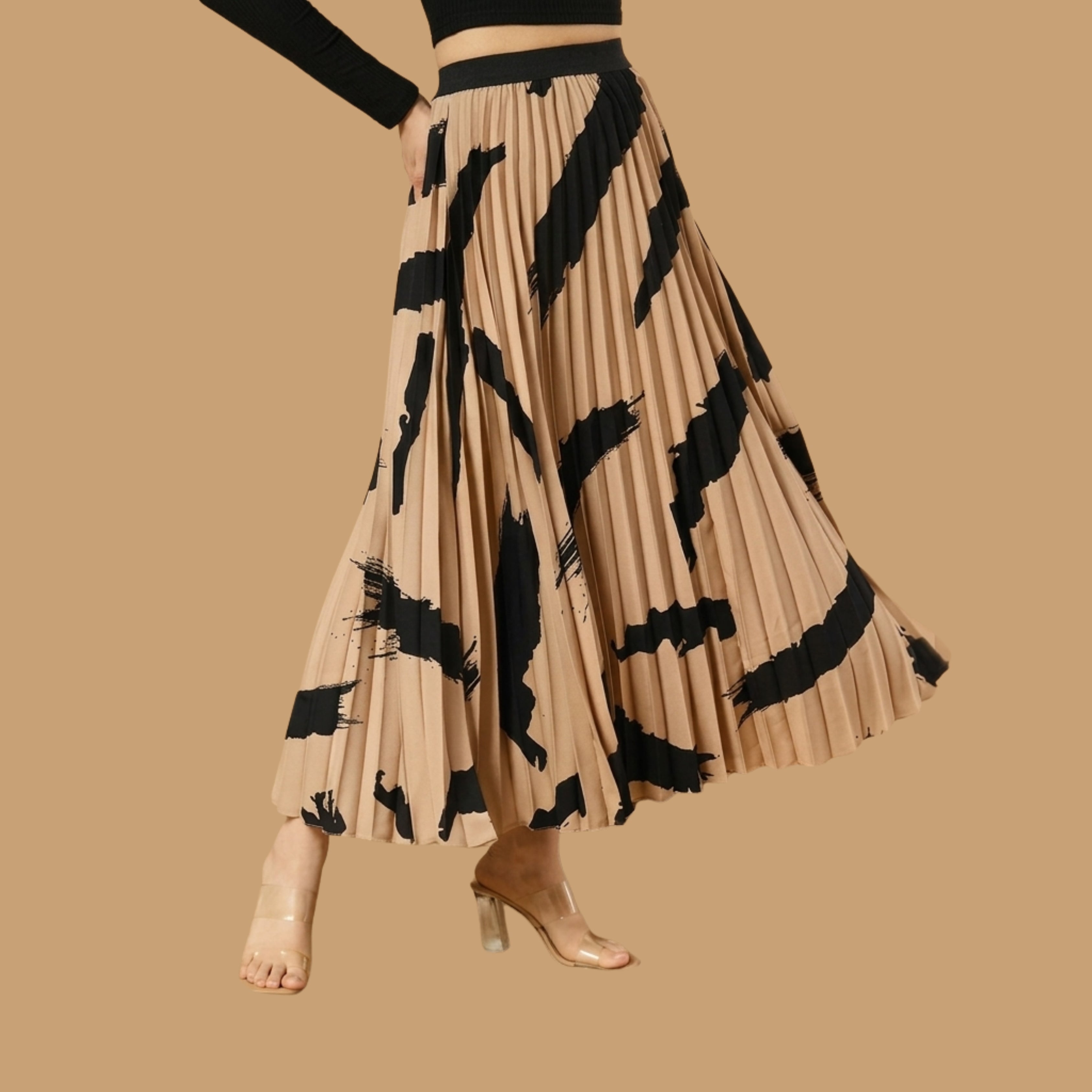 Korean Style Abstract Print Pleated Maxi Skirt for Women | High Waist Elegant Long Skirt