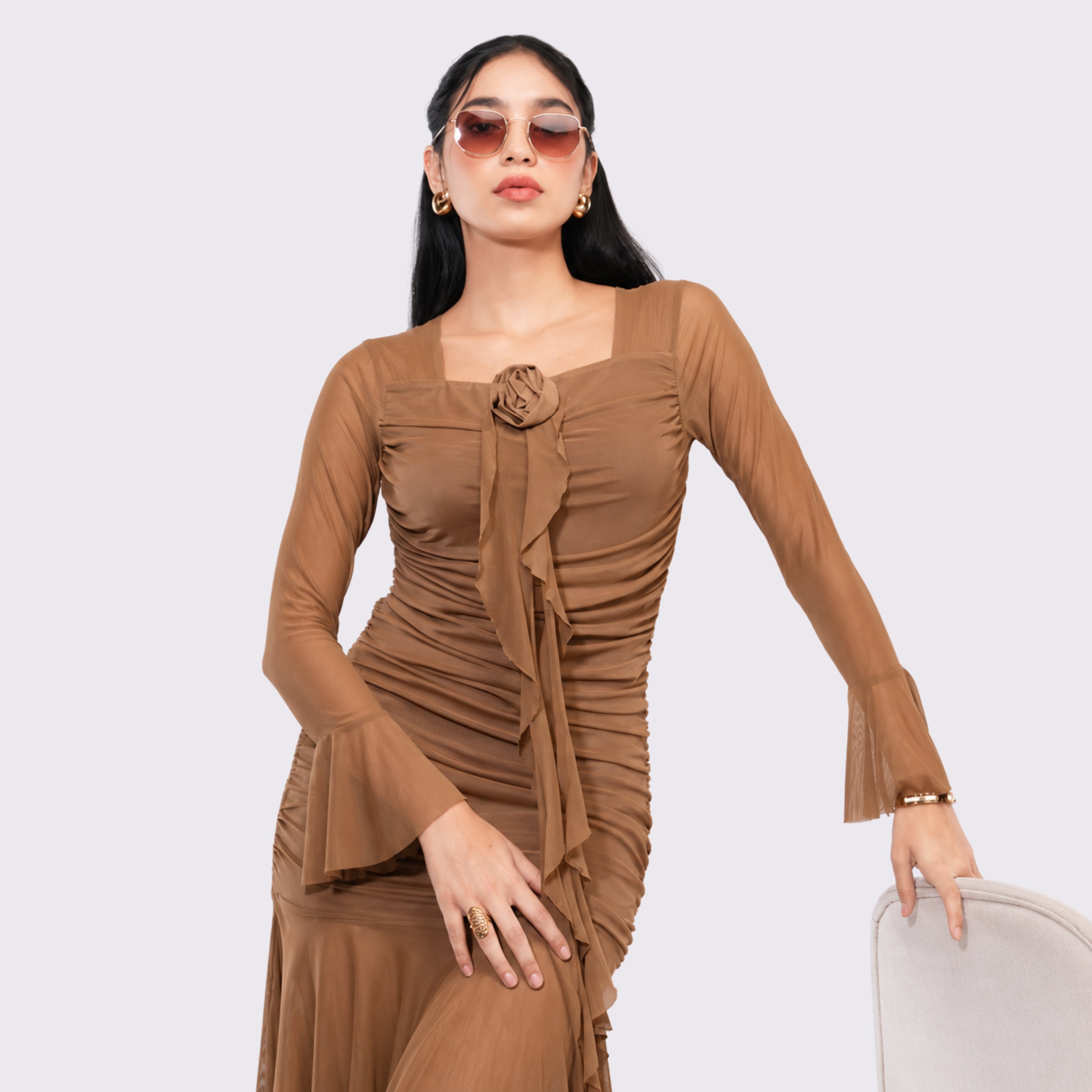 Women's Brown Midi Dress with Bell Sleeves