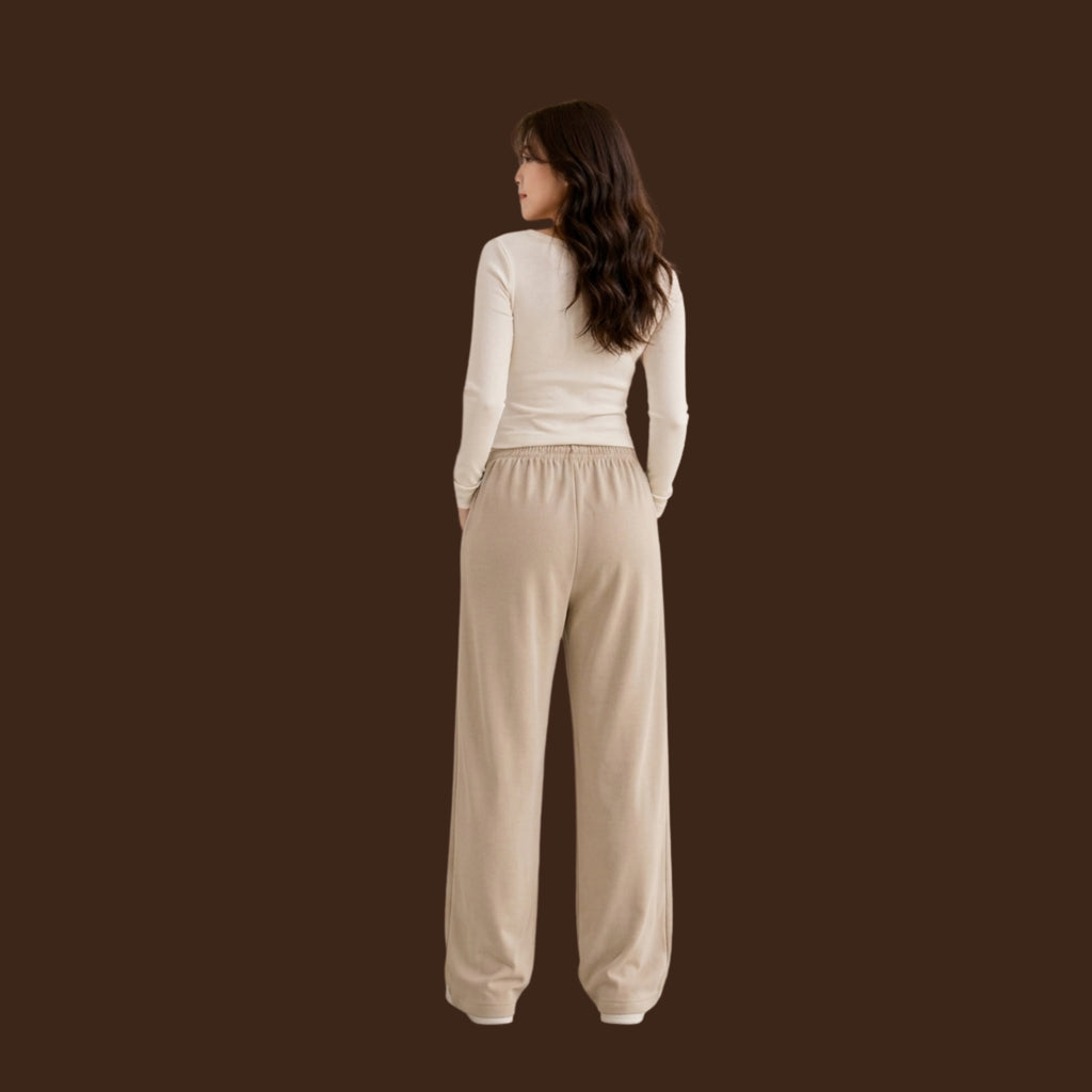 Women's KOREAN Beige Wide Leg Sweatpants – High Waist Drawstring Casual Lounge Pants