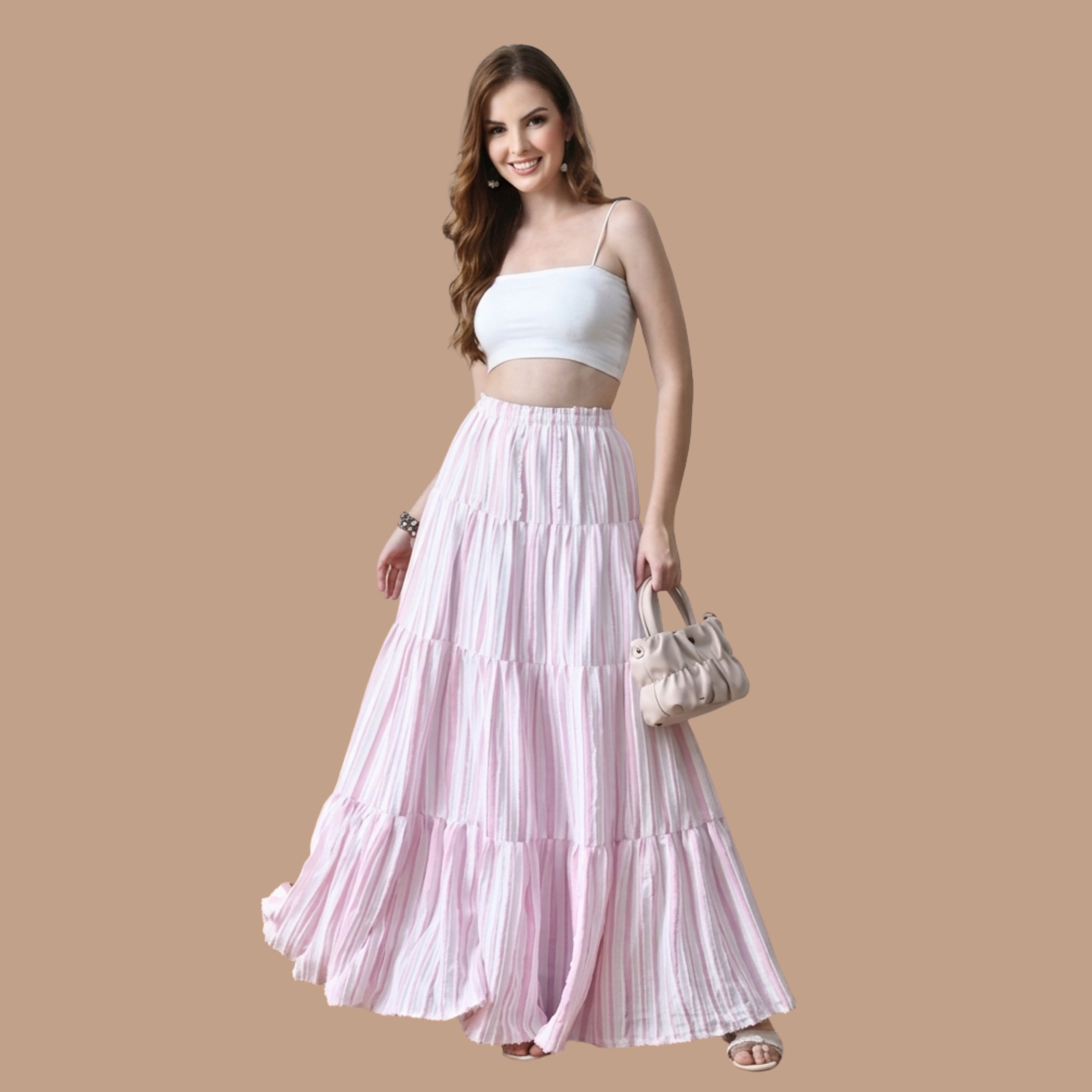 Korean Style Pink Tiered Maxi Skirt for Women | Boho, Soft Girl, and Resort-Wear aesthetic