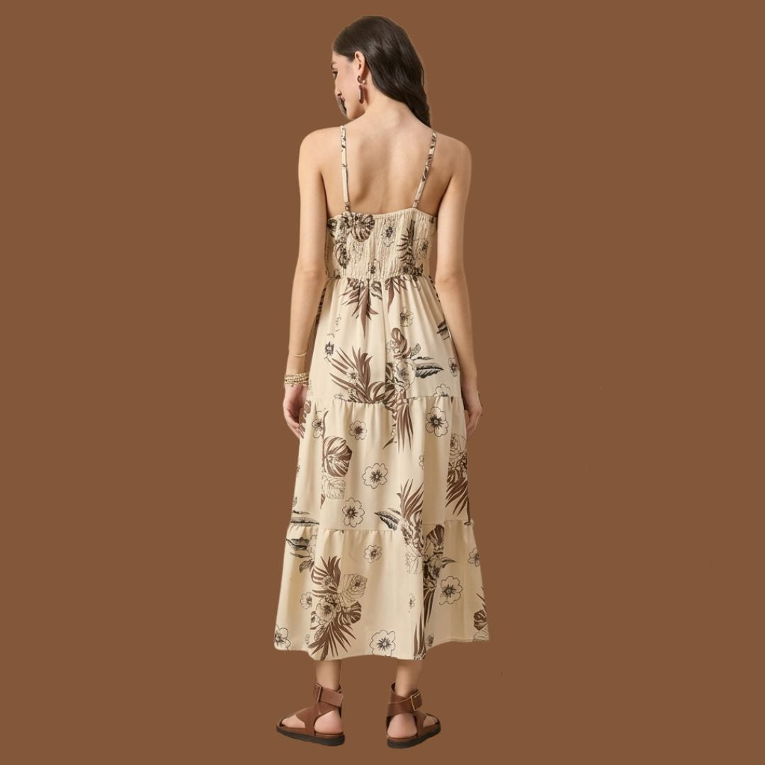 Boho Beige Floral Tiered Maxi Dress for Women | Sleeveless V-Neck Summer Beach Dress