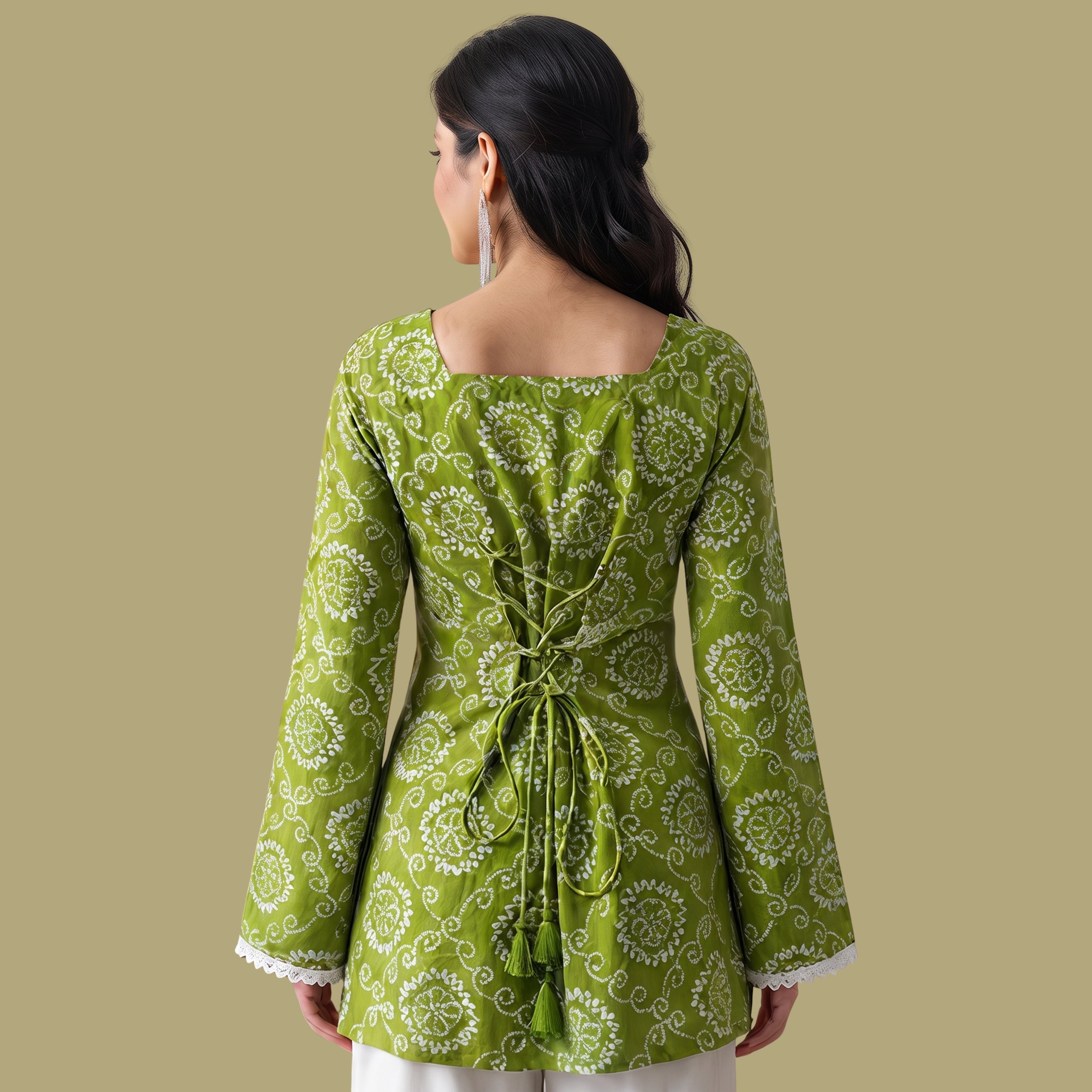 Women's Green Printed Short Kurti with Back Tie-Up | Casual & Festive Wear