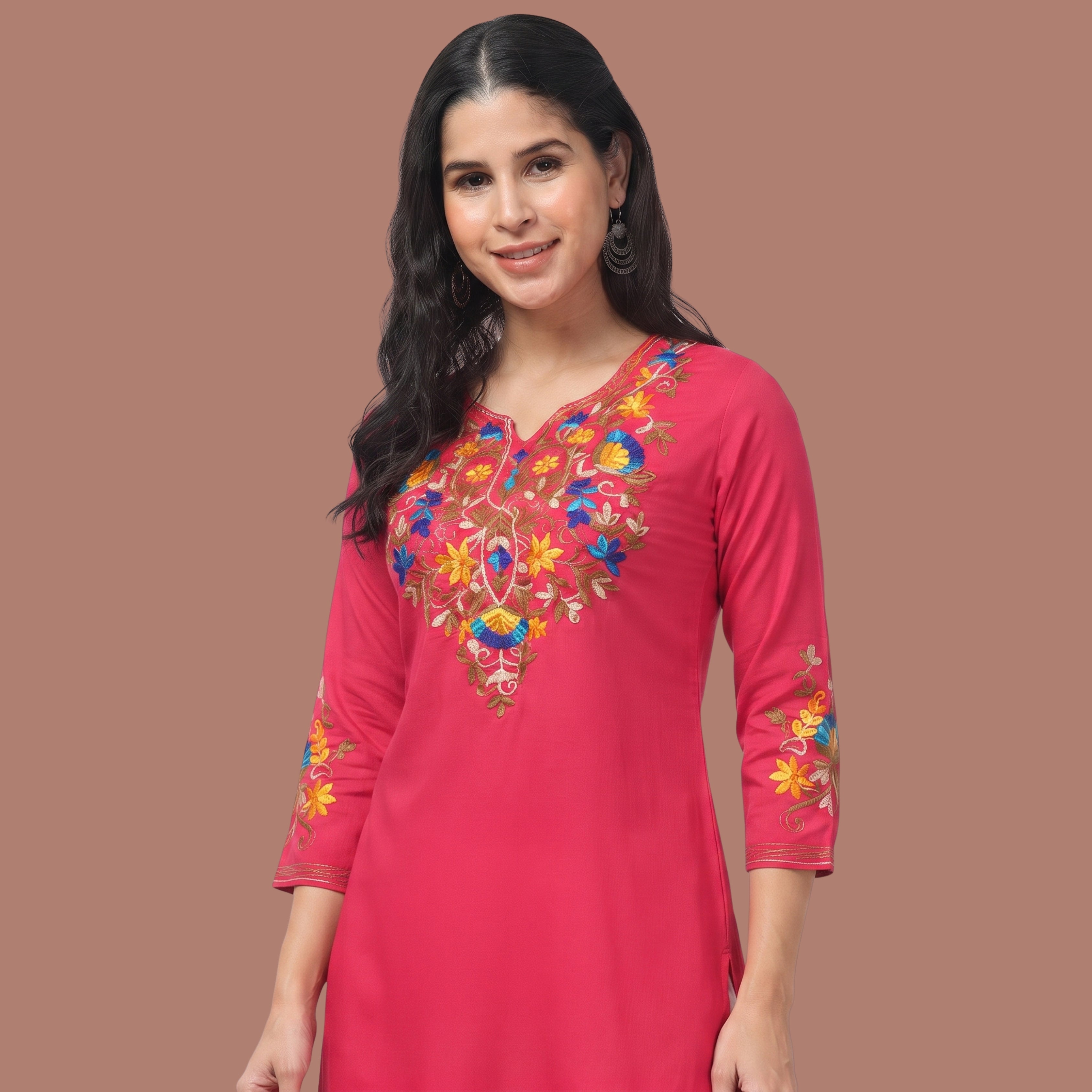 Women's Hot Pink Floral Embroidered Short Kurti | Casual, Office & Festive Wear