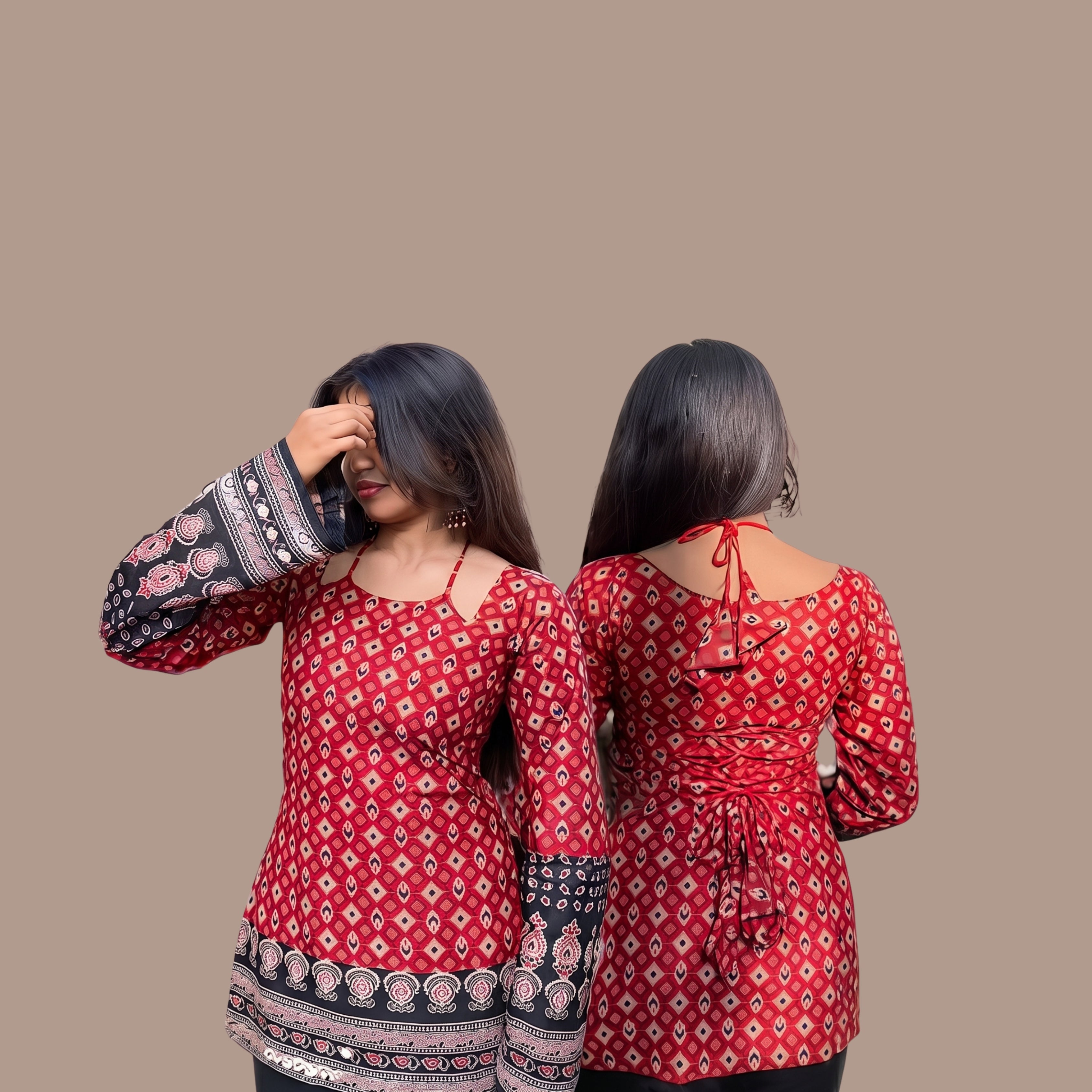 Women's Red Printed Short Kurti | Boho Bell Sleeve Ethnic Tunic Top with Back Tie-Up & Border Print