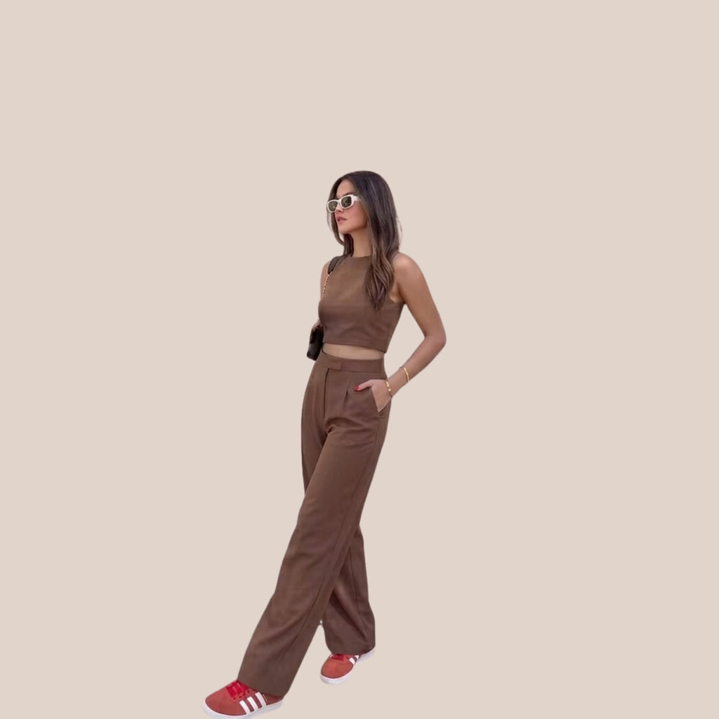 Women's Solid Brown Crop Top & Wide Leg Pant Co-Ord Set | Sleeveless Two-Piece Casual Lounge & Travel Outfit