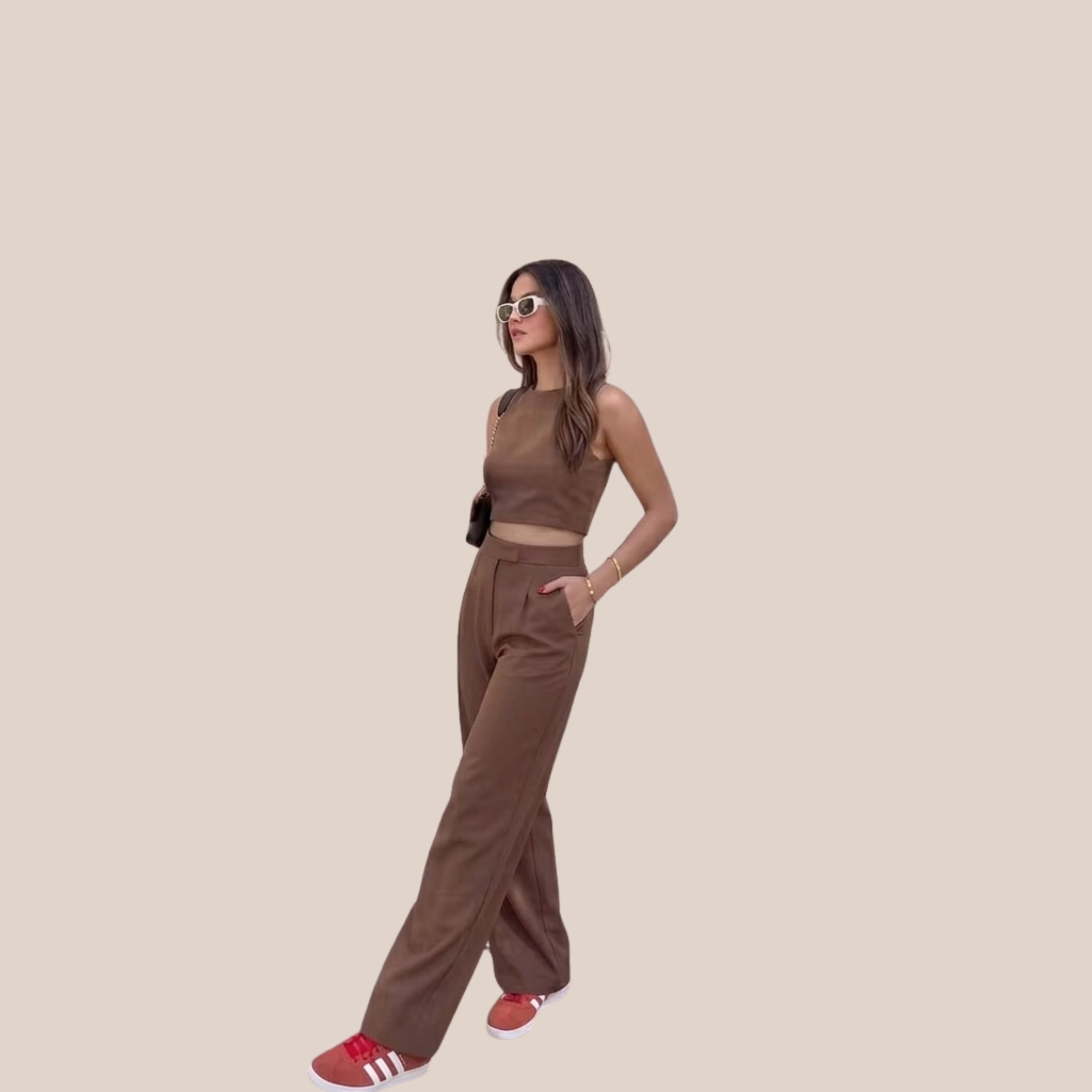 Women's Solid Brown Crop Top & Wide Leg Pant Co-Ord Set | Sleeveless Two-Piece Casual Lounge & Travel Outfit