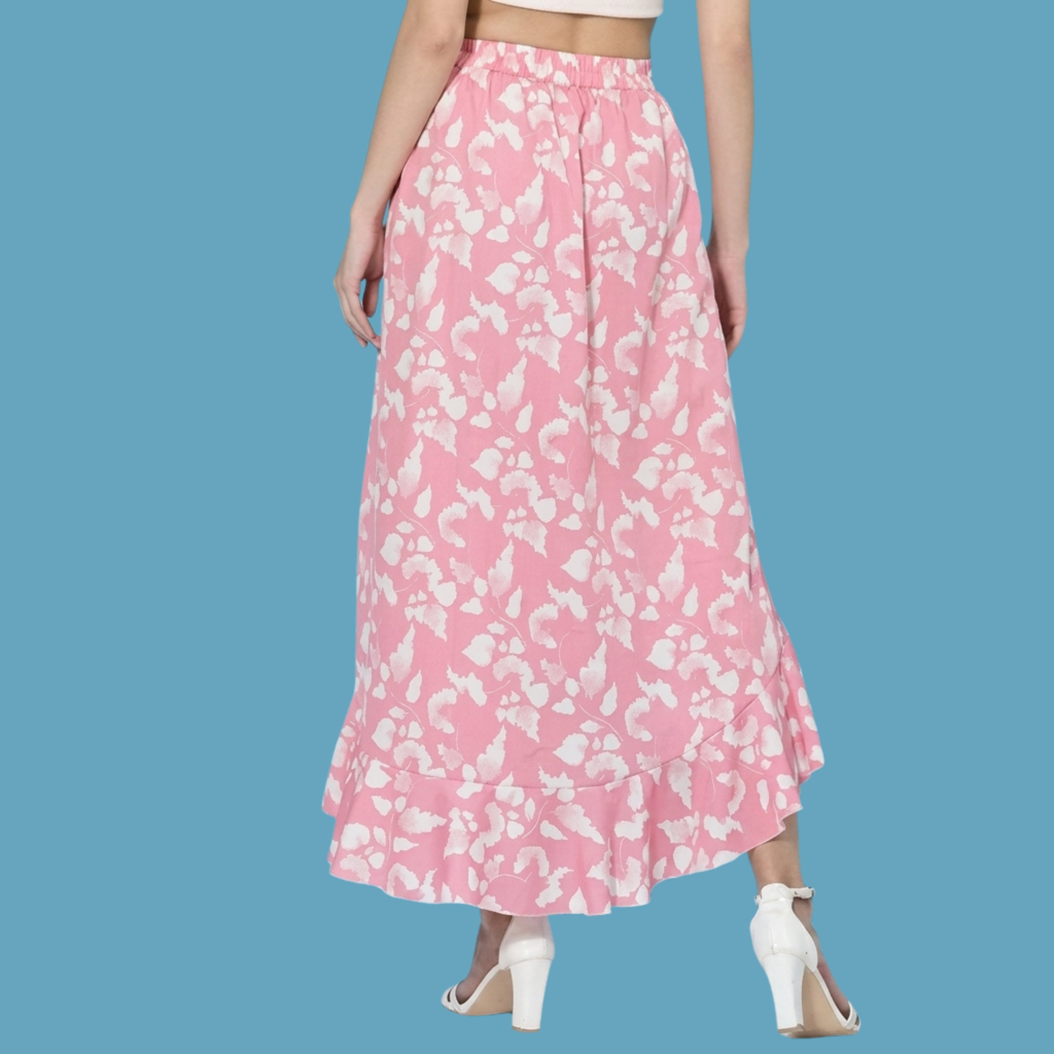 Korean Style Floral High-Low Wrap Maxi Skirt for Women | Pink Ruffle Long Skirt