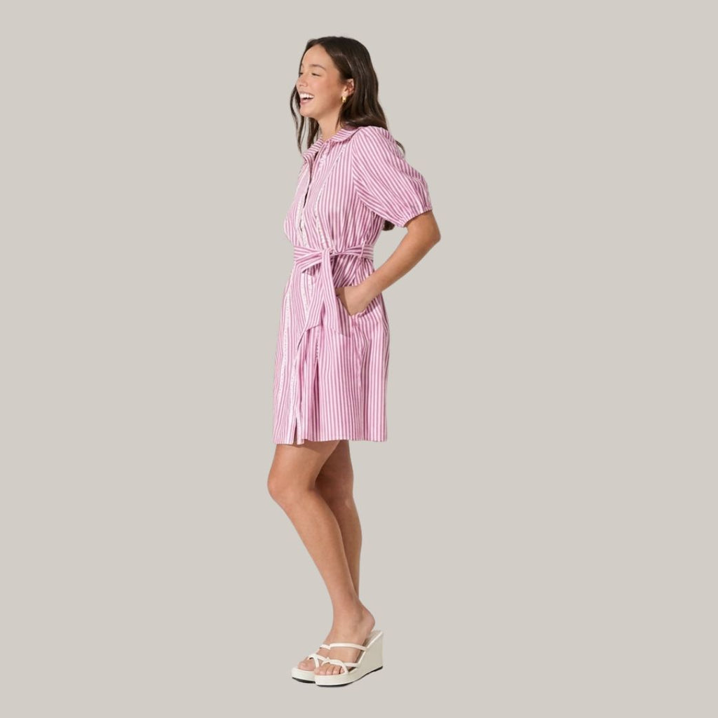 Pink Striped Shirt Dress for Women | Collared Tie-Waist Mini Dress with Puff Sleeves