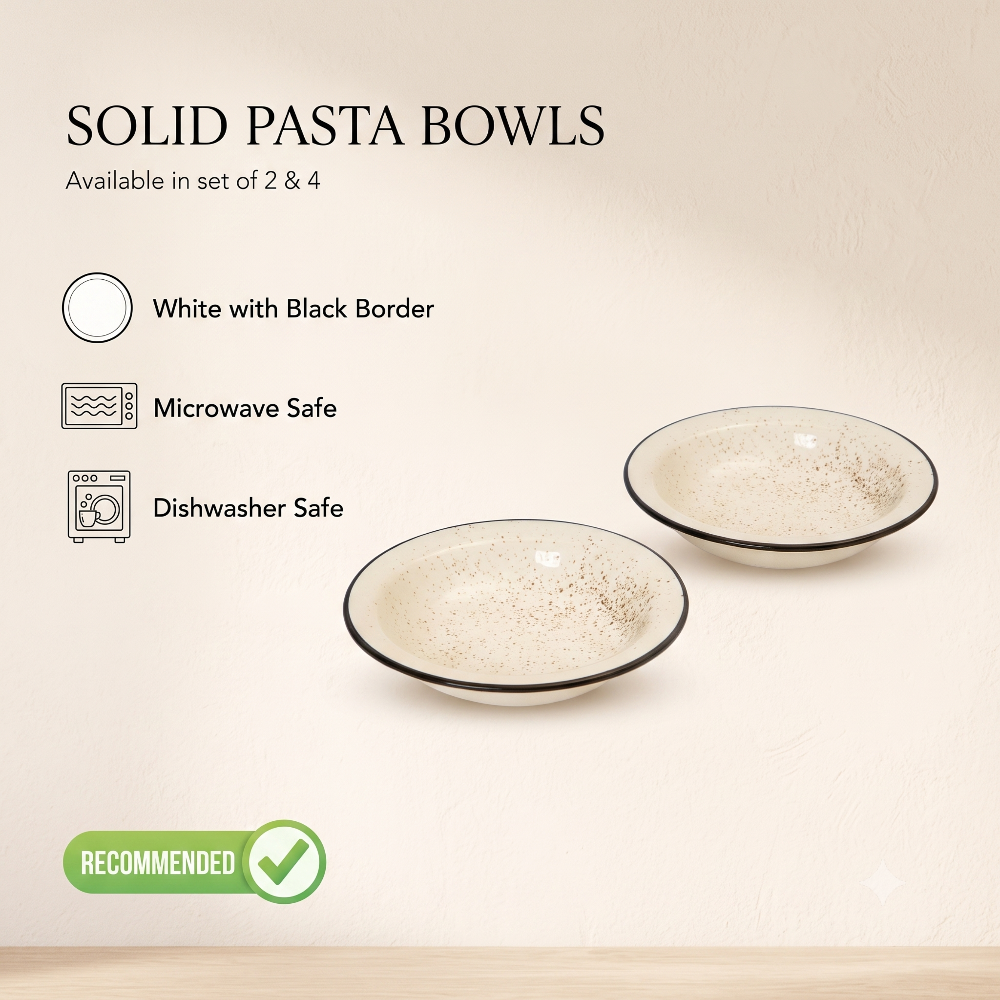Rustic Speckled Ceramic Pasta & Salad Bowls – White with Black Border (Set of 2)