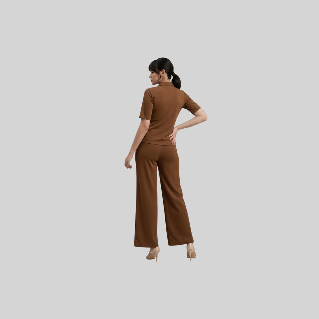 Women's Chocolate Brown Co-Ord Set | Button-Up Top & Wide Leg Pants |