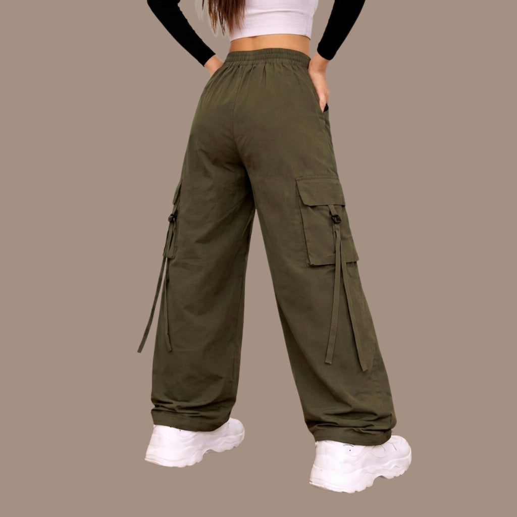 Korean Cargo Pant Combo for Women (Pack of 2) | Wide Leg Drawstring Utility Pants | Olive & Beige |
