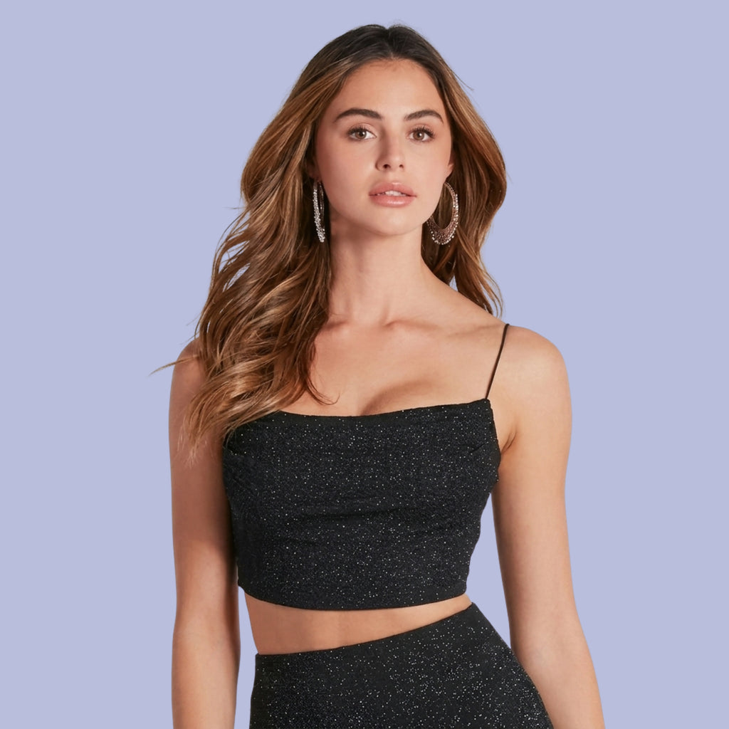 Black Glitter Co-Ord Set for Women | Sparkly Crop Top & Mini Skirt Party Outfit