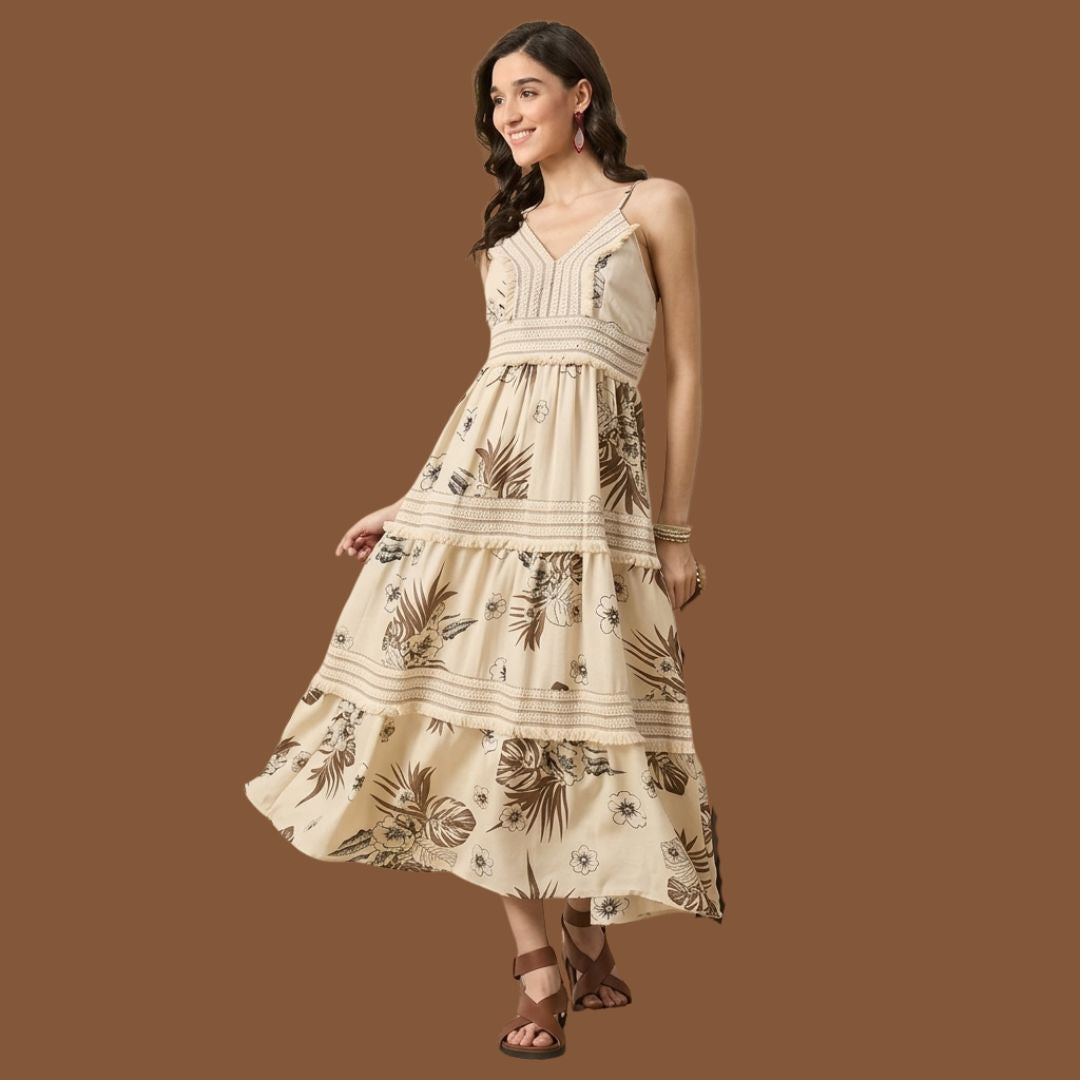 Boho Beige Floral Tiered Maxi Dress for Women | Sleeveless V-Neck Summer Beach Dress