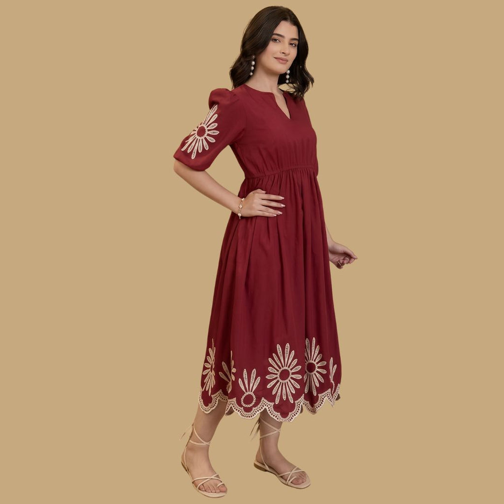 Maroon Floral Embroidered Midi Dress | Elegant Casual & Party Wear