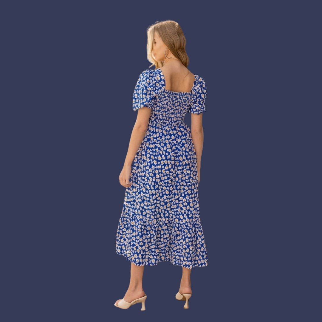 Blue Floral Smocked Midi Dress for Women