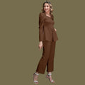 Women's Brown Puff Sleeve Peplum Co-Ord Set | Elegant Two-Piece Pants Top Set