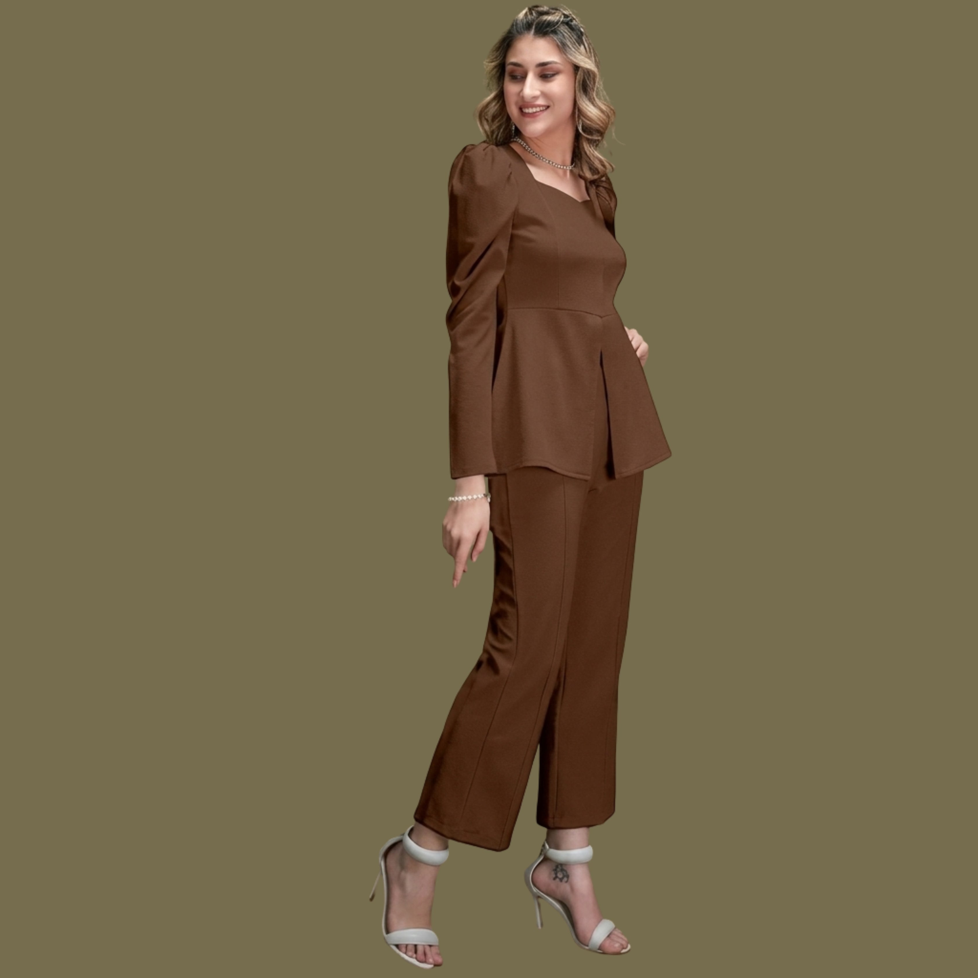 Women's Brown Puff Sleeve Peplum Co-Ord Set | Elegant Two-Piece Pants Top Set