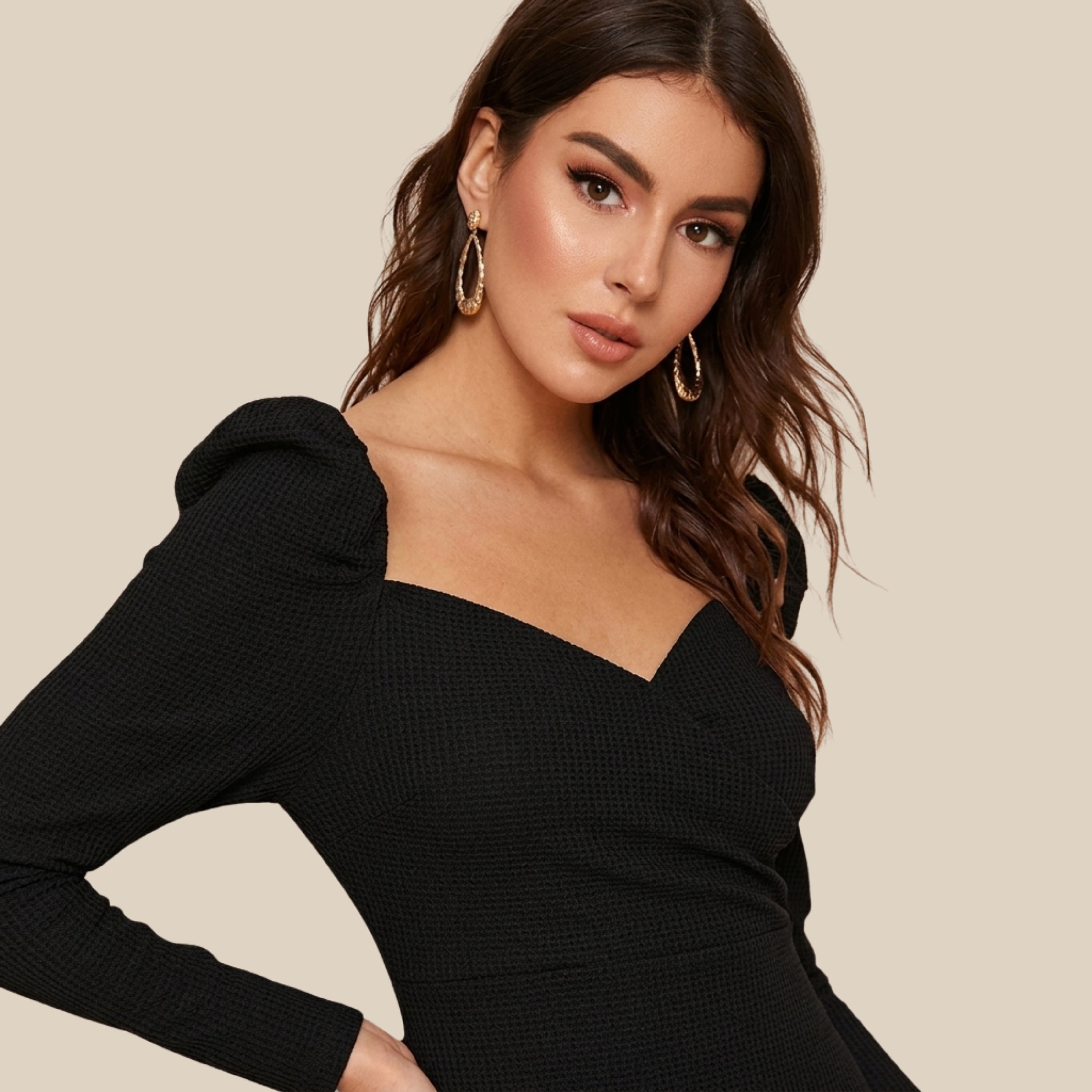 Elegant Black Sweetheart Neck Midi Dress with Puff Long Sleeves