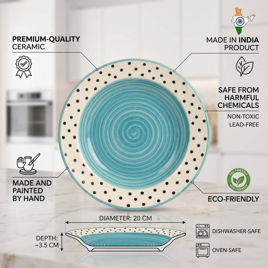 Premium Hand-Painted Ceramic Plate (20cm) - Teal Spiral & Polka Dot Design | Eco-Friendly Dinnerware
