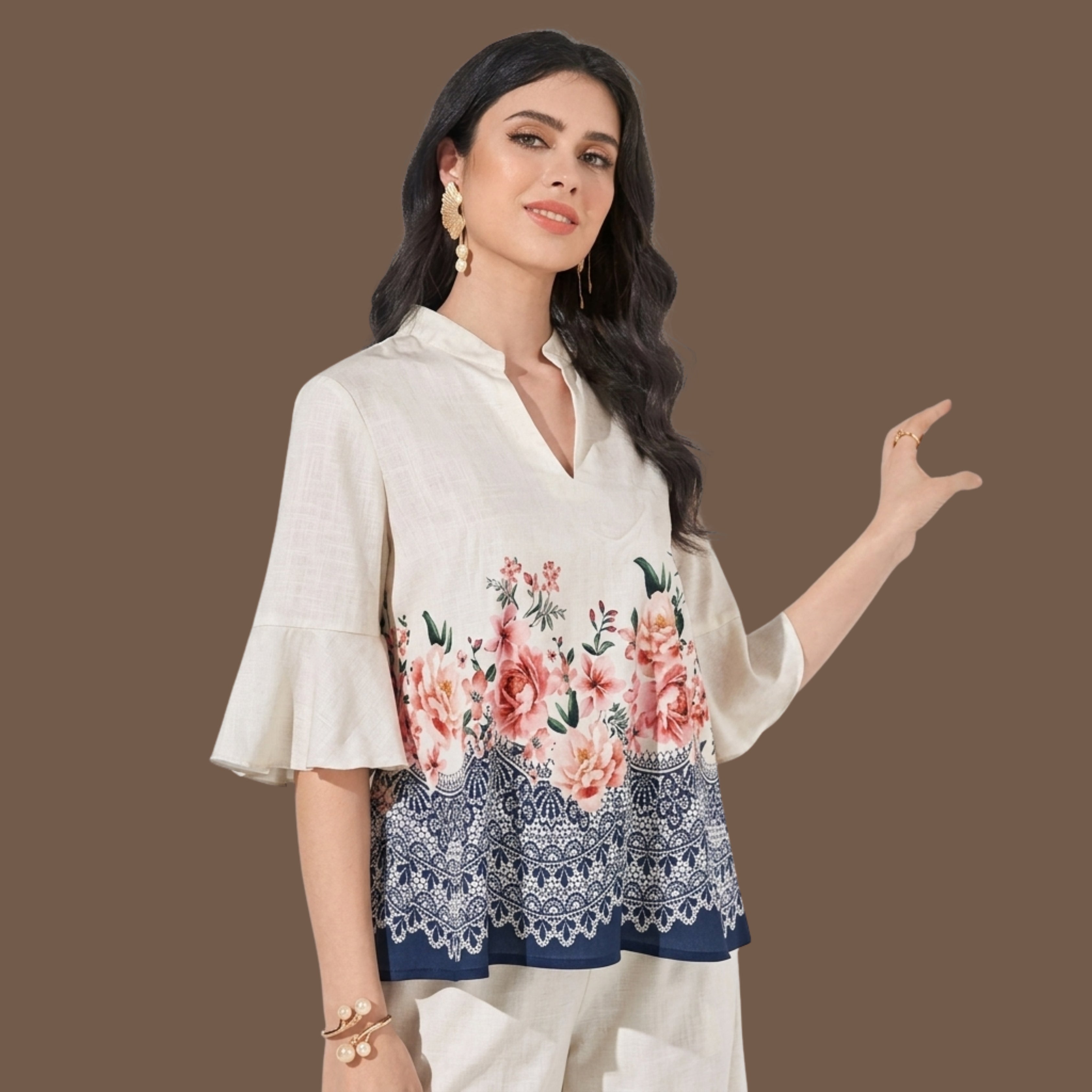 Women's Floral Printed Co-Ord Set | Cream Bell Sleeve Top & Wide Leg Palazzo Pants