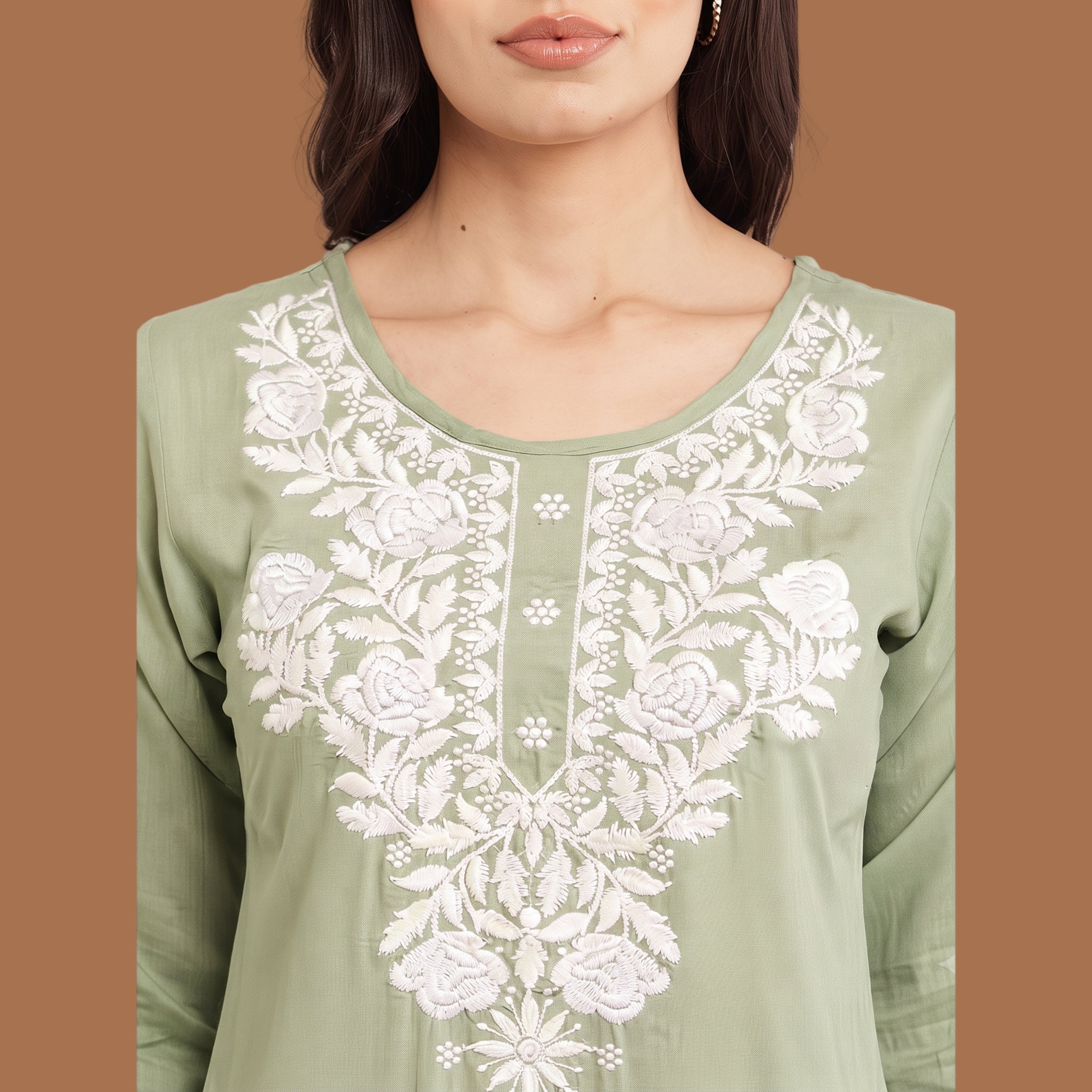 Women's  Green Embroidered Short Kurti | White Floral Embroidery Ethnic Top | Casual & Office Wear