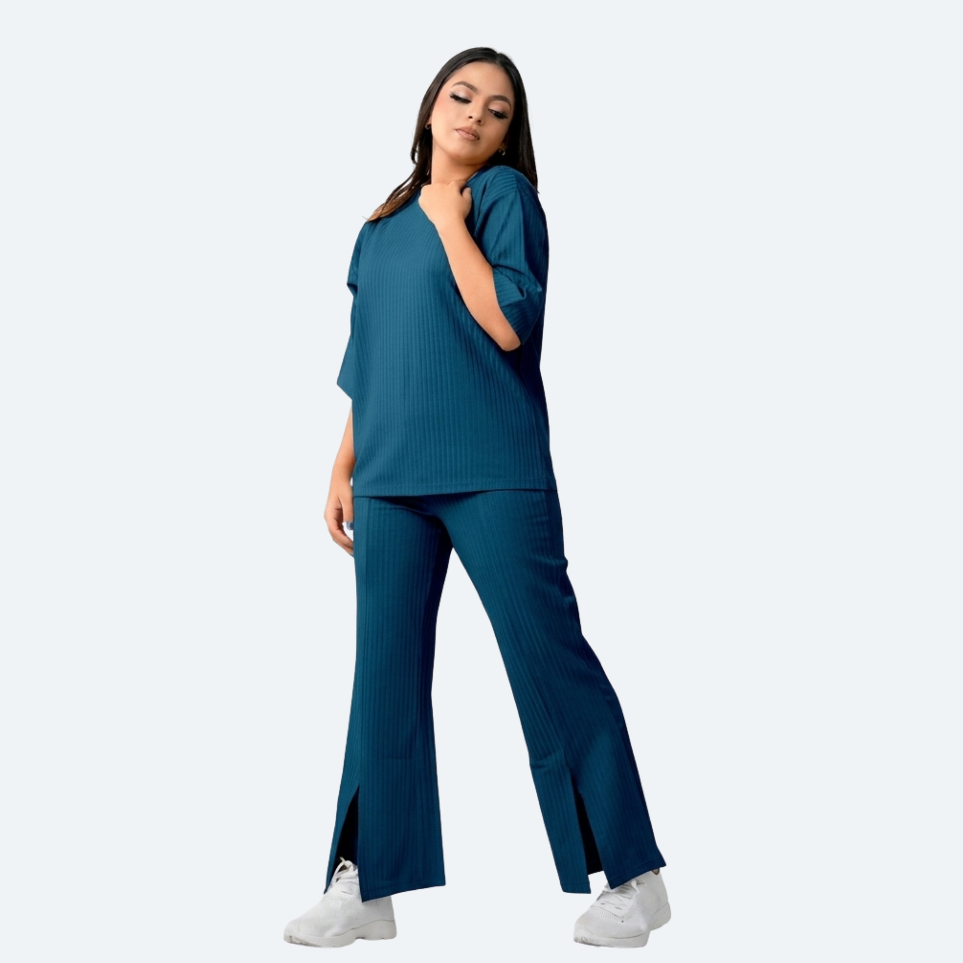 Women's Ribbed Co-Ord Set | Oversized Half Sleeve Top & Straight Fit Slit Pants | Casual Lounge Wear