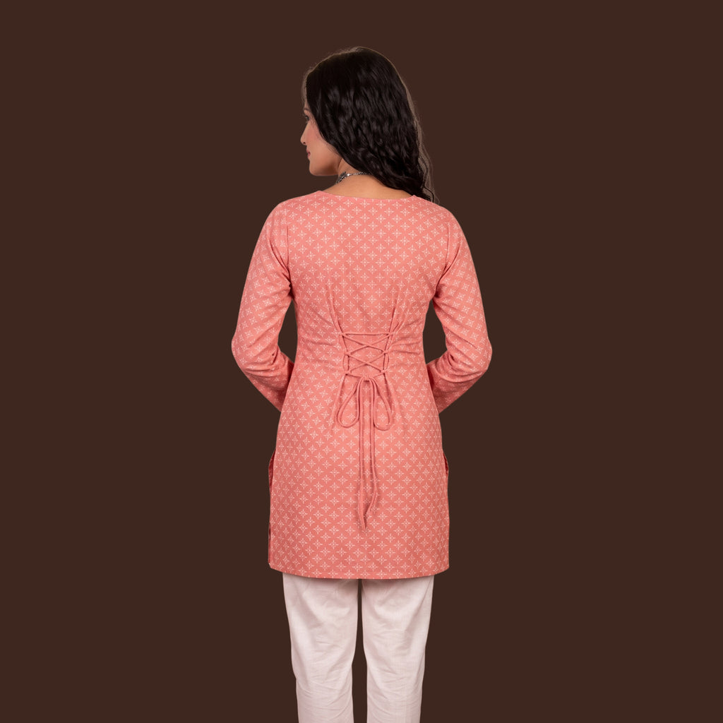 Women's Pink Block Print Short Kurti | Casual Ethnic Kurti for Women