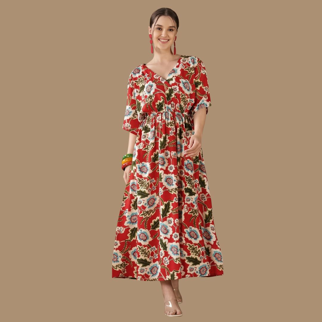 Red Floral Print V-Neck Maxi Dress